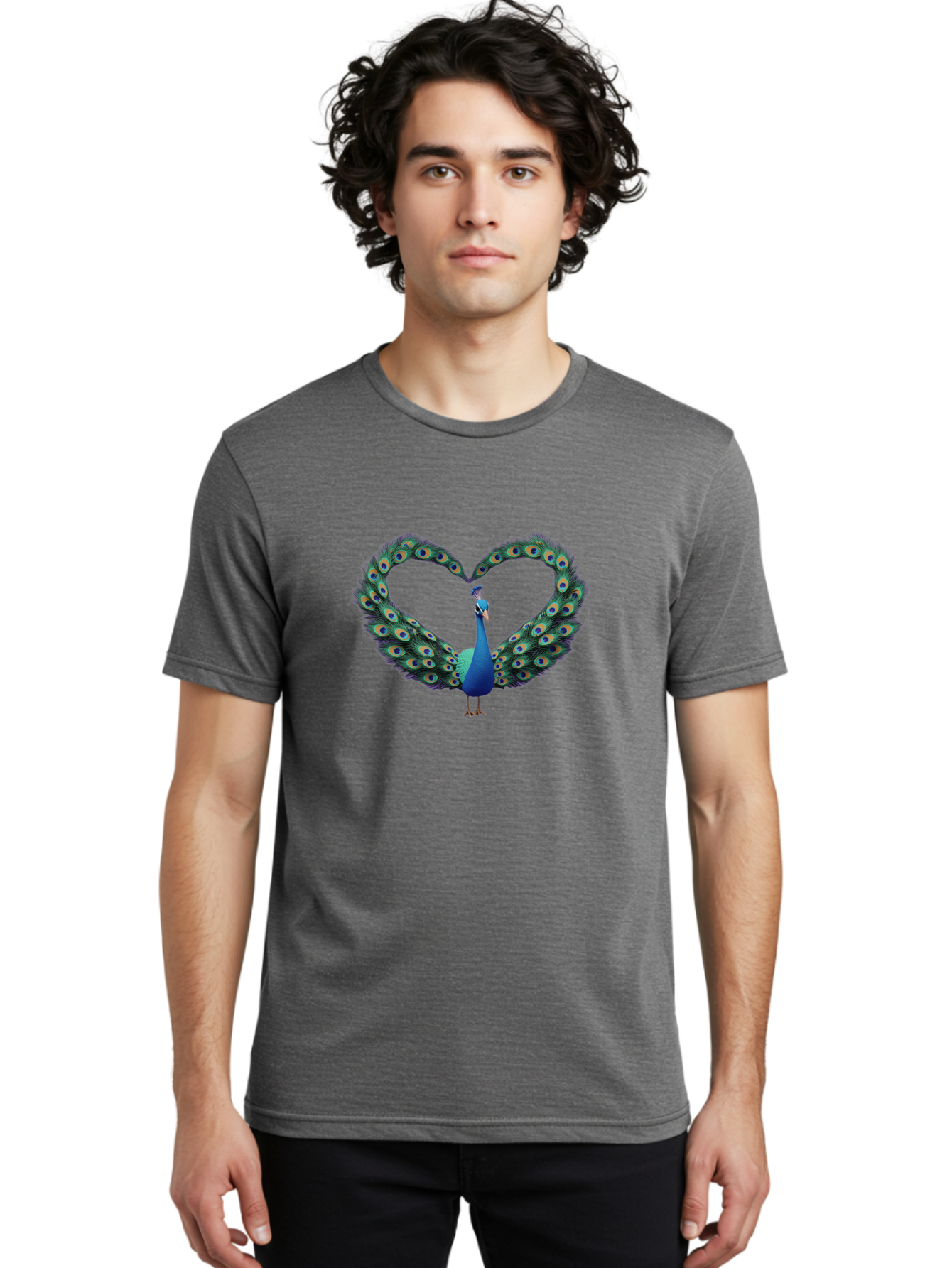 Peacock-Heart-1 Men'S Graphic Tee, 100% Cotton, Comfortable Casual Summer Wear, Machine Washable, Peacock Forming Heart Shape, Vibrant Blue And Green Colors, Symbolic Love Representation, Bird With Spread Feathers, Peacock'S Majestic Plumage, Bab125