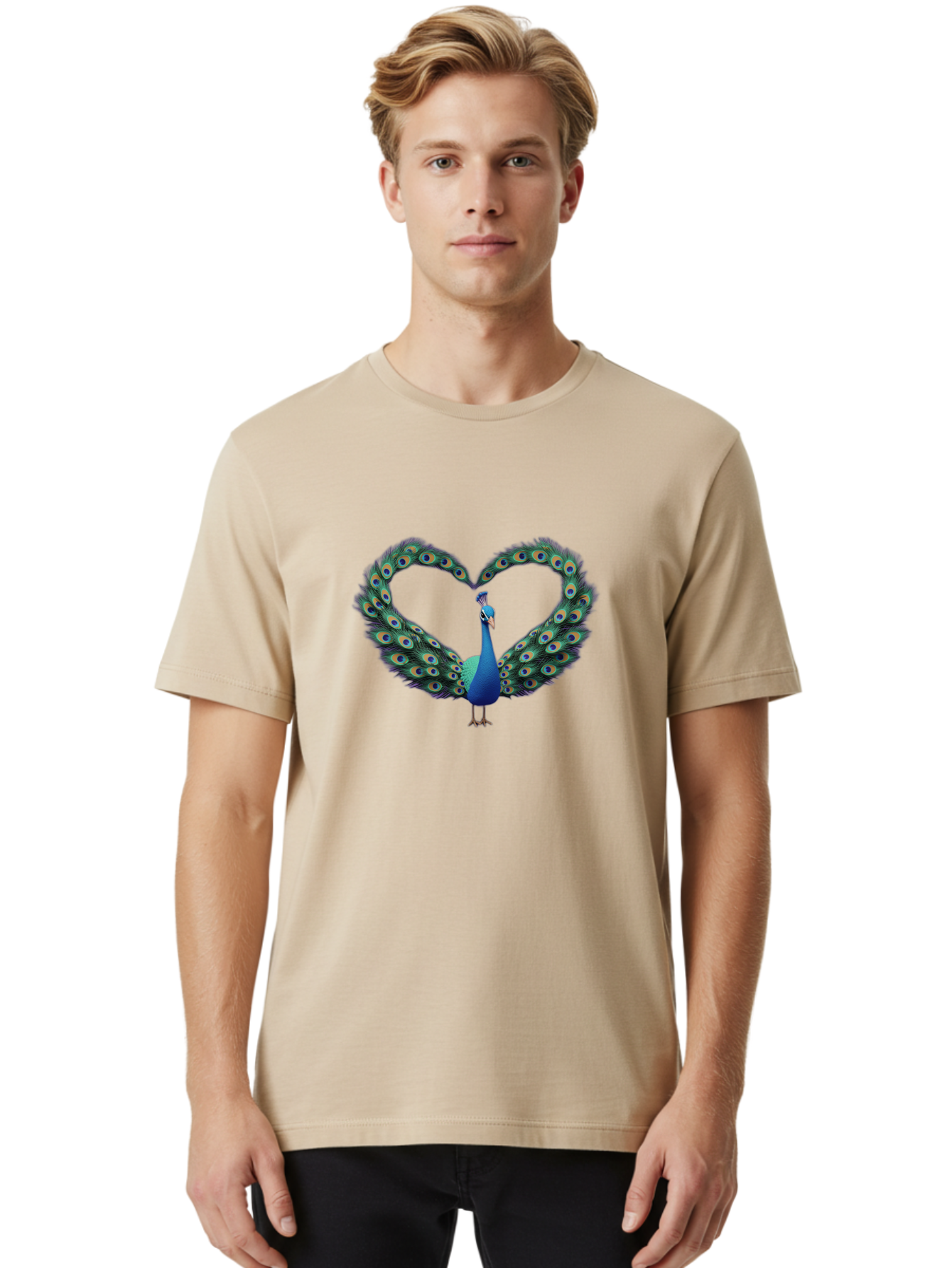 Peacock-Heart-1 Men'S Graphic Tee, 100% Cotton, Comfortable Casual Summer Wear, Machine Washable, Peacock Forming Heart Shape, Vibrant Blue And Green Colors, Symbolic Love Representation, Bird With Spread Feathers, Peacock'S Majestic Plumage, Bab125