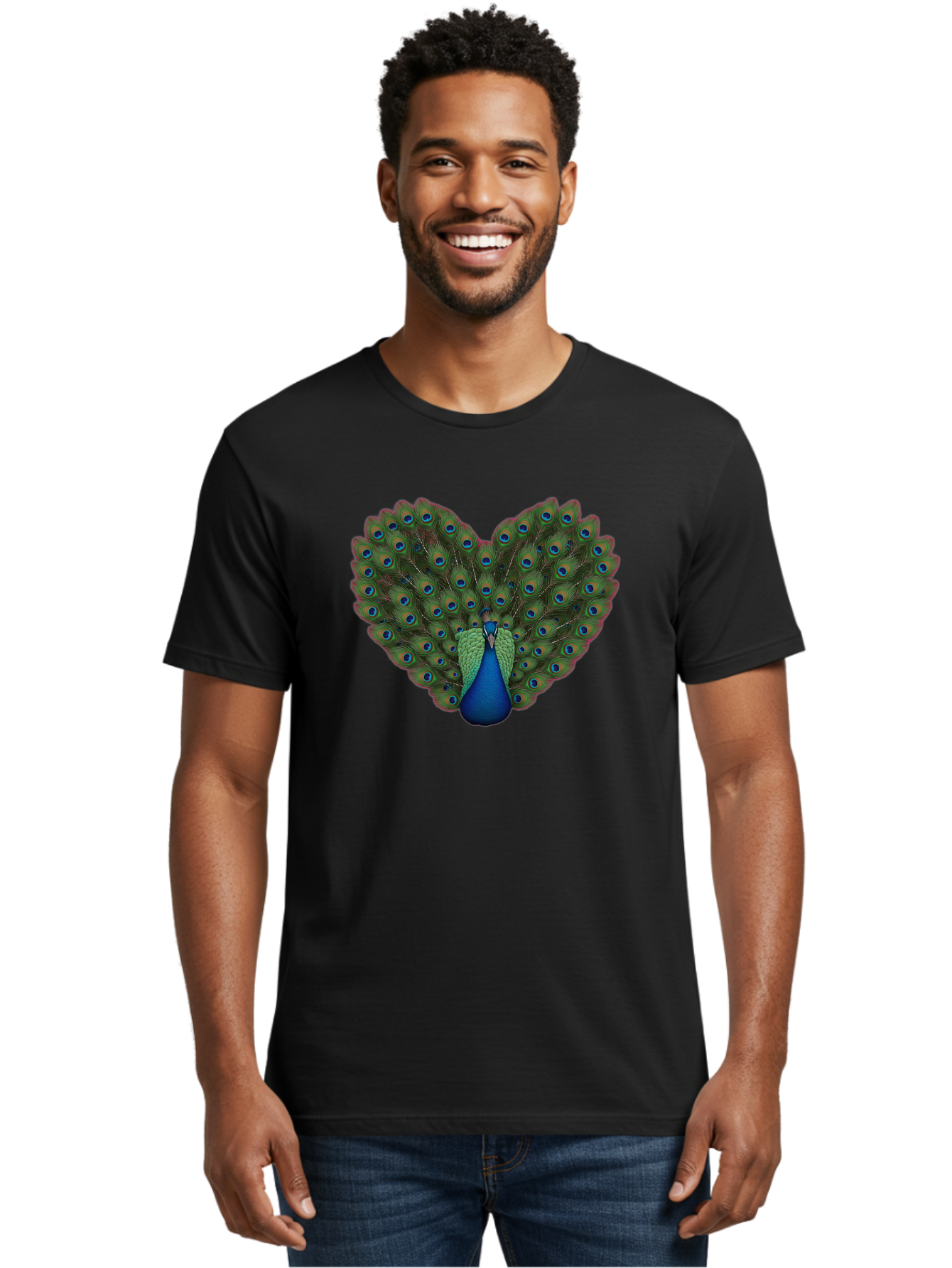 Peacock-Heart-Shape Men'S Graphic Tee, 100% Cotton, Comfortable Casual Summer Wear, Machine Washable, Peacock Displaying Feathers, Vibrant Plumage, Blue Eyespots, Green And Blue Colors, Majestic Bird, Exotic Wildlife, Stunning Display, Bab126