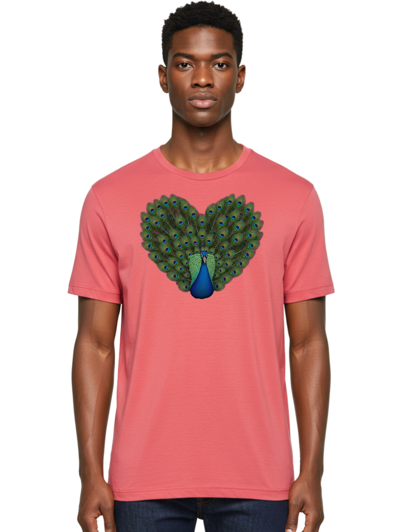 Peacock-Heart-Shape Men'S Graphic Tee, 100% Cotton, Comfortable Casual Summer Wear, Machine Washable, Peacock Displaying Feathers, Vibrant Plumage, Blue Eyespots, Green And Blue Colors, Majestic Bird, Exotic Wildlife, Stunning Display, Bab126