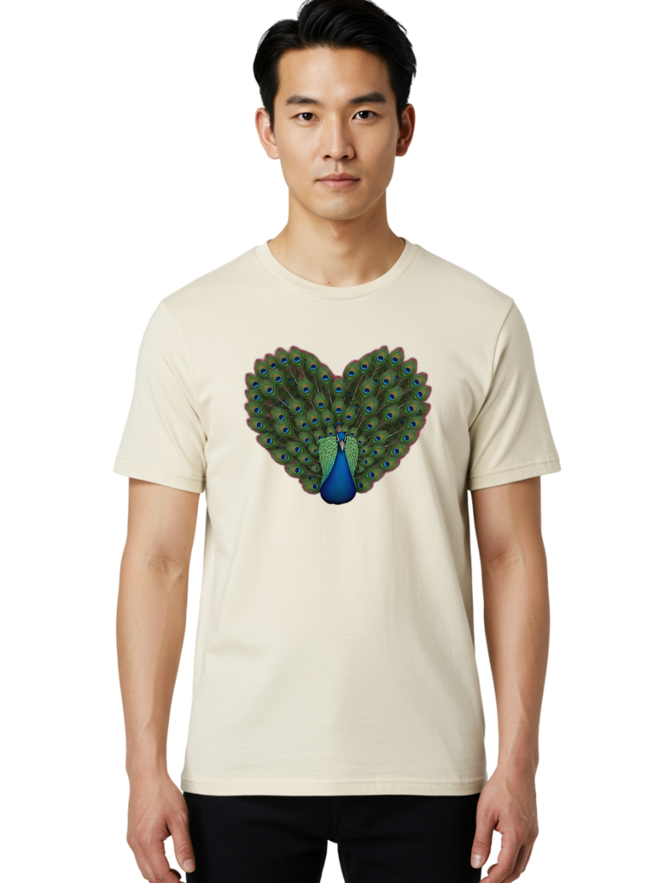 Peacock-Heart-Shape Men'S Graphic Tee, 100% Cotton, Comfortable Casual Summer Wear, Machine Washable, Peacock Displaying Feathers, Vibrant Plumage, Blue Eyespots, Green And Blue Colors, Majestic Bird, Exotic Wildlife, Stunning Display, Bab126