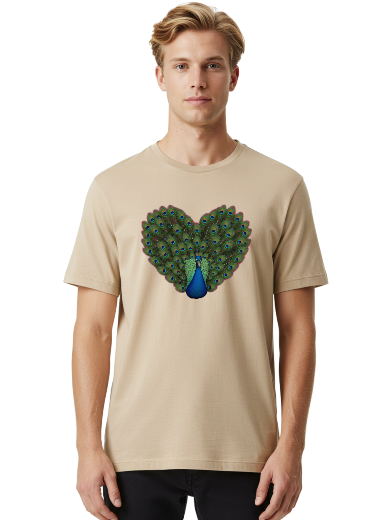 Peacock-Heart-Shape Men'S Graphic Tee, 100% Cotton, Comfortable Casual Summer Wear, Machine Washable, Peacock Displaying Feathers, Vibrant Plumage, Blue Eyespots, Green And Blue Colors, Majestic Bird, Exotic Wildlife, Stunning Display, Bab126