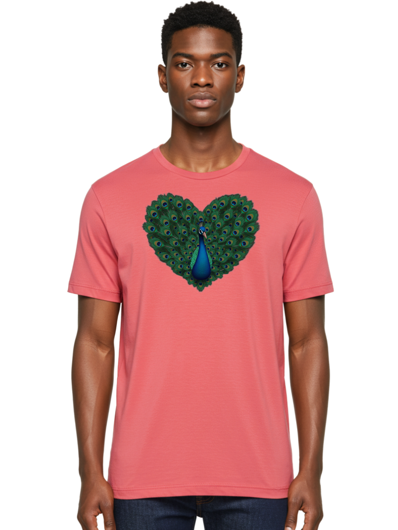 Peacock-Heart Men'S Graphic Tee, 100% Cotton, Comfortable Casual Summer Wear, Machine Washable, Peacock Spreading Its Feathers, Heart Shape, Vibrant Colors, Blue And Green Plumage, Eye-Catching Display, Majestic Bird, Symbolic Representation, Bab127