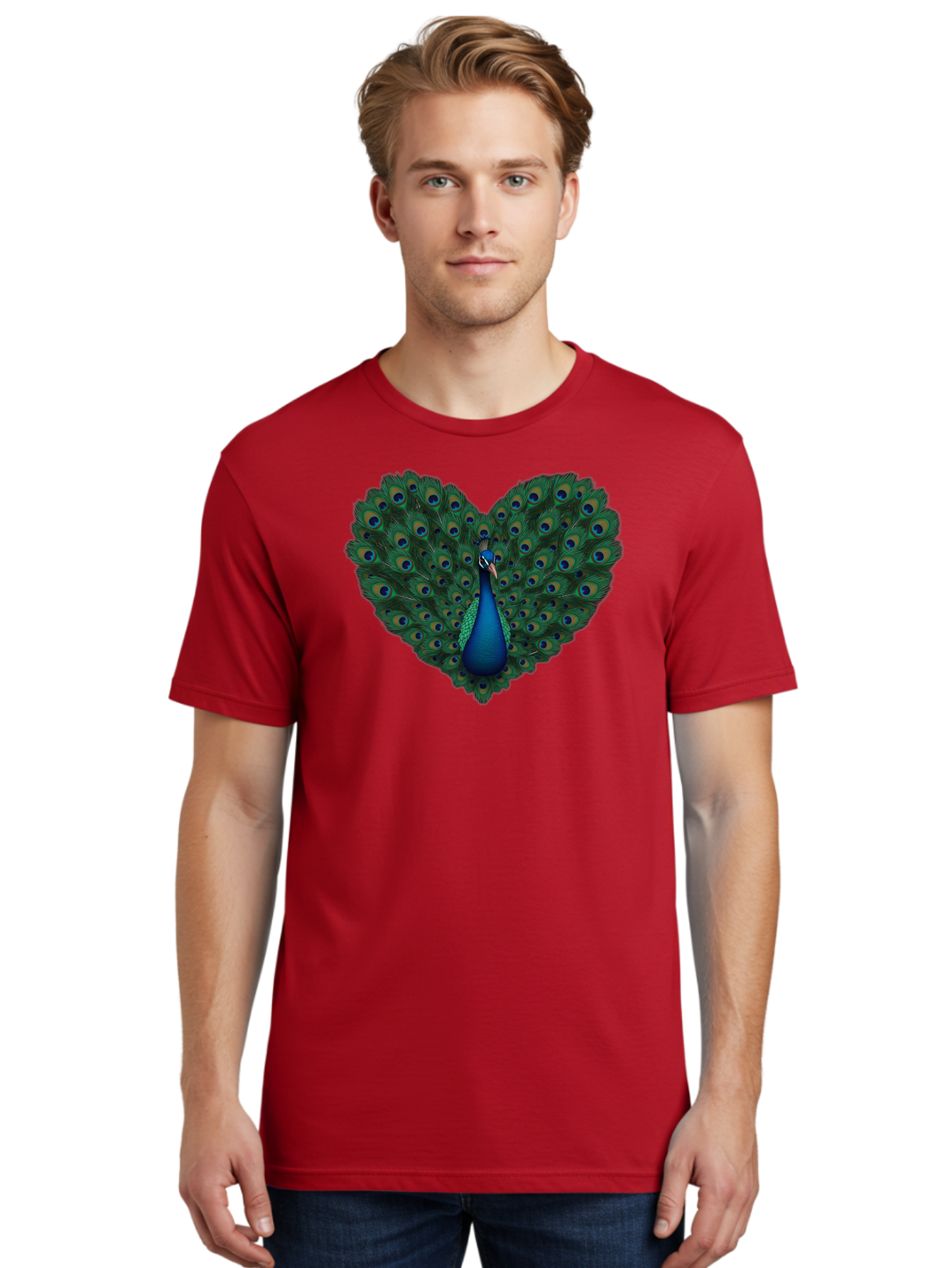 Peacock-Heart Men'S Graphic Tee, 100% Cotton, Comfortable Casual Summer Wear, Machine Washable, Peacock Spreading Its Feathers, Heart Shape, Vibrant Colors, Blue And Green Plumage, Eye-Catching Display, Majestic Bird, Symbolic Representation, Bab127