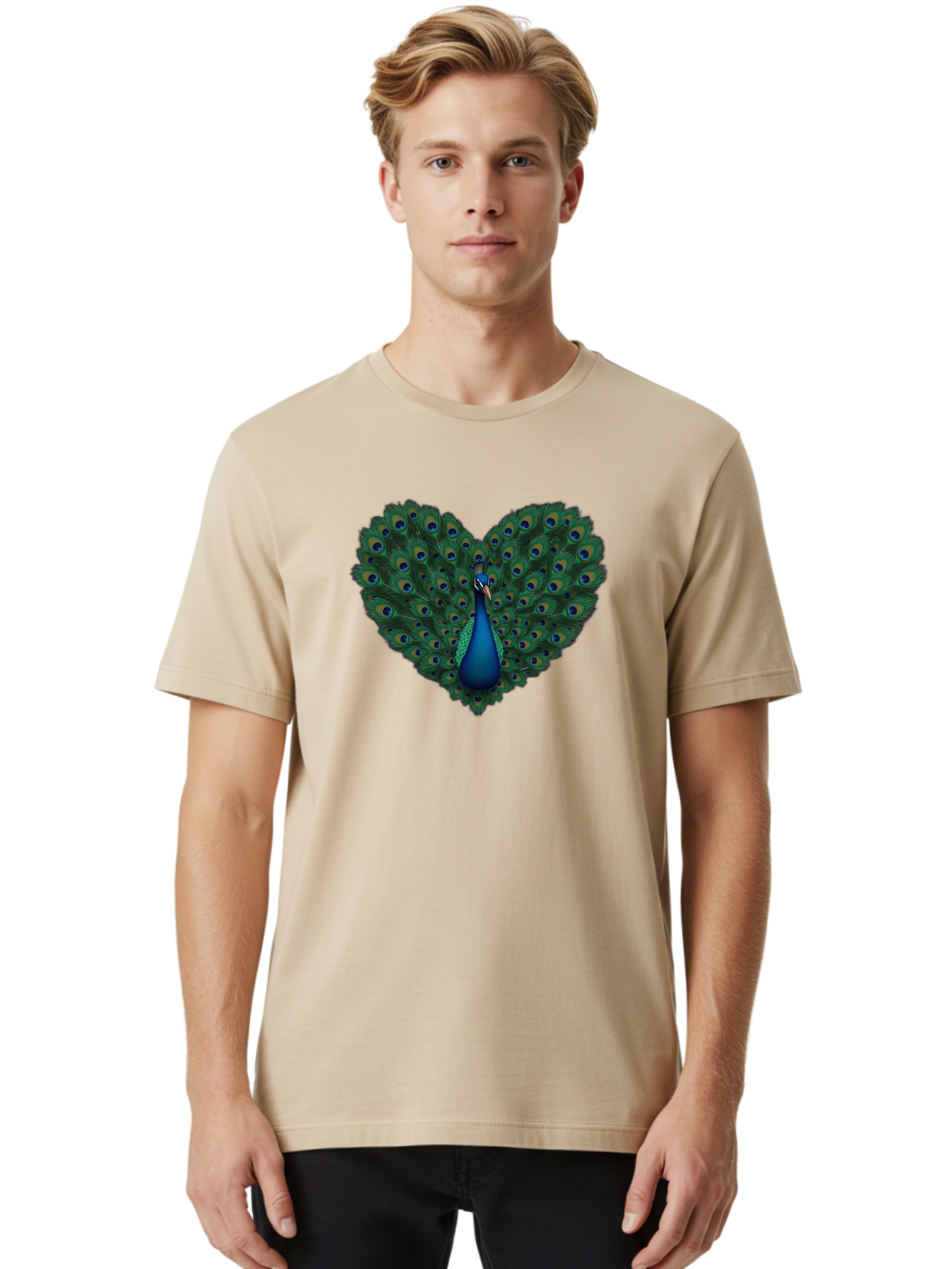 Peacock-Heart Men'S Graphic Tee, 100% Cotton, Comfortable Casual Summer Wear, Machine Washable, Peacock Spreading Its Feathers, Heart Shape, Vibrant Colors, Blue And Green Plumage, Eye-Catching Display, Majestic Bird, Symbolic Representation, Bab127