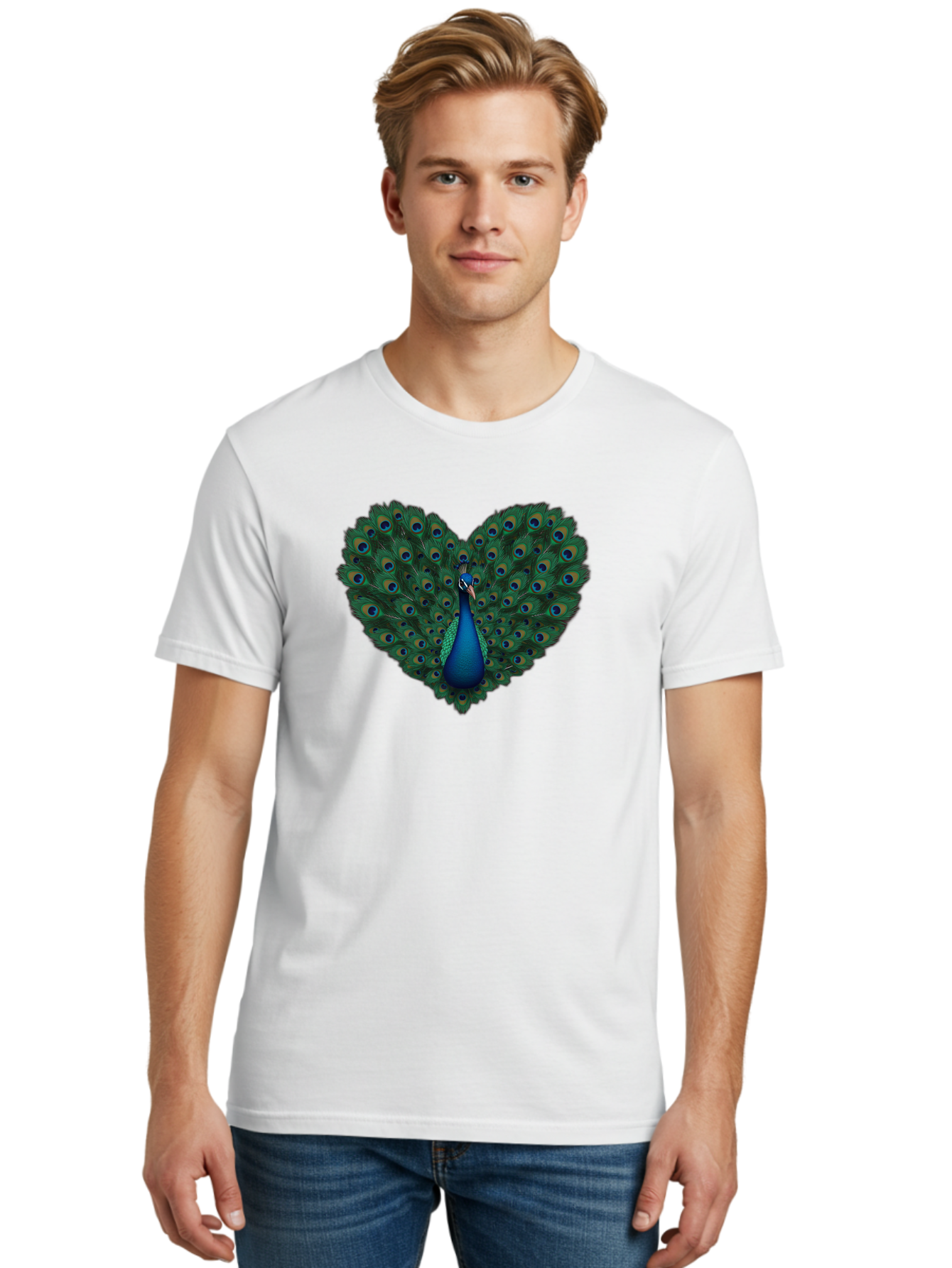 Peacock-Heart Men'S Graphic Tee, 100% Cotton, Comfortable Casual Summer Wear, Machine Washable, Peacock Spreading Its Feathers, Heart Shape, Vibrant Colors, Blue And Green Plumage, Eye-Catching Display, Majestic Bird, Symbolic Representation, Bab127