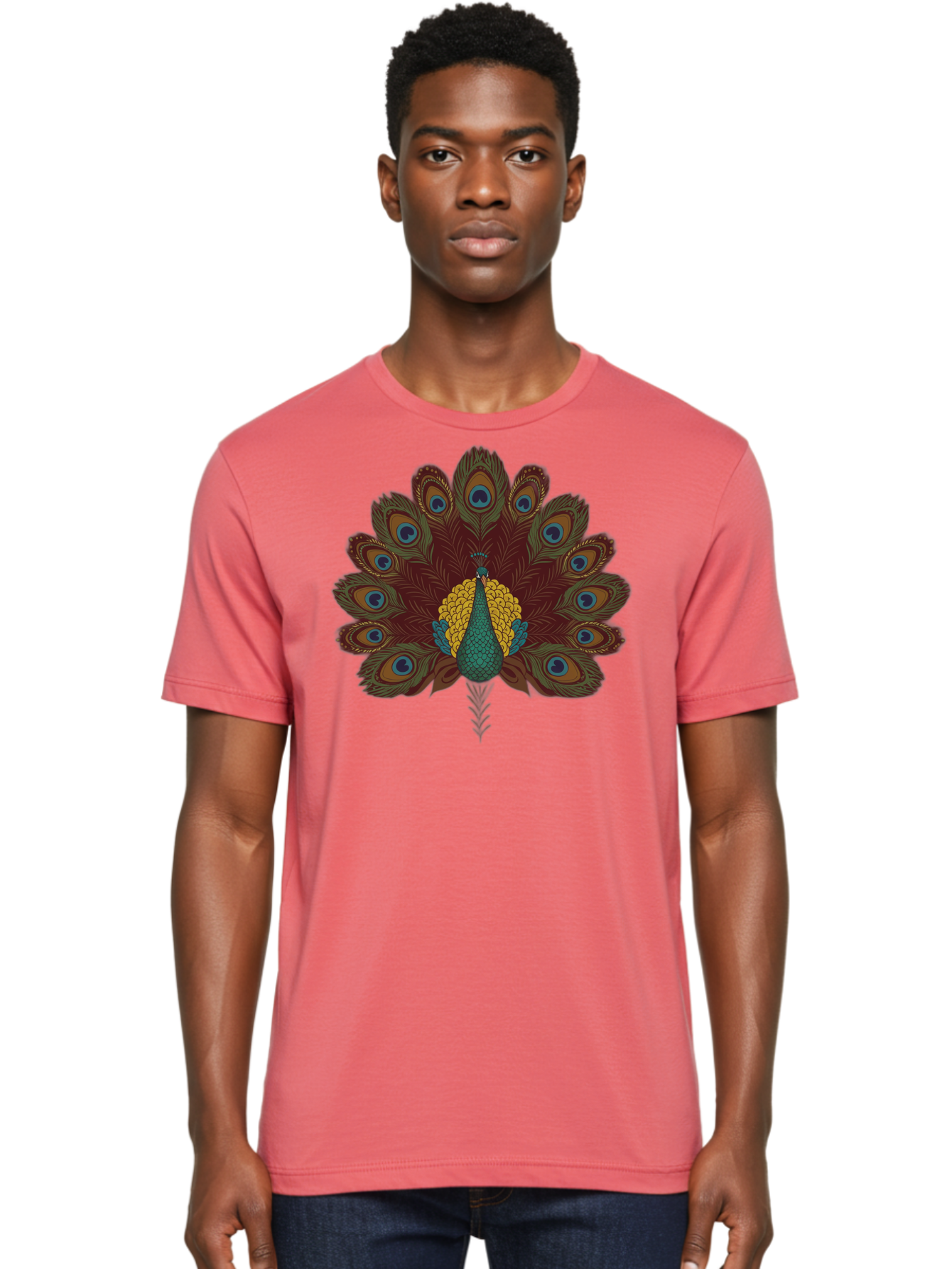 Peacock-Spreading-Tail-Feathers Men'S Graphic Tee, 100% Cotton, Comfortable Casual Summer Wear, Machine Washable, Peacock, Vibrant Plumage, Intricate Details, Mesmerizing Patterns, Ornate Feathers, Regal Bird, Stunning Display, Bab129