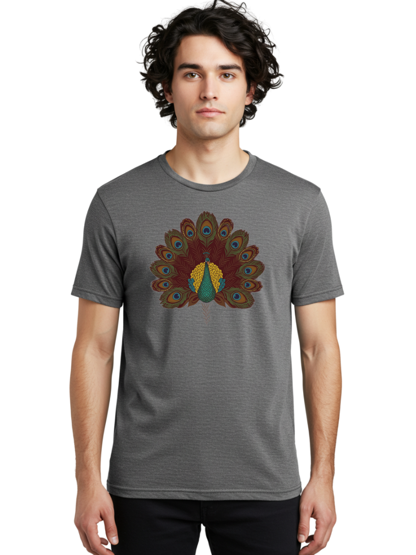 Peacock-Spreading-Tail-Feathers Men'S Graphic Tee, 100% Cotton, Comfortable Casual Summer Wear, Machine Washable, Peacock, Vibrant Plumage, Intricate Details, Mesmerizing Patterns, Ornate Feathers, Regal Bird, Stunning Display, Bab129