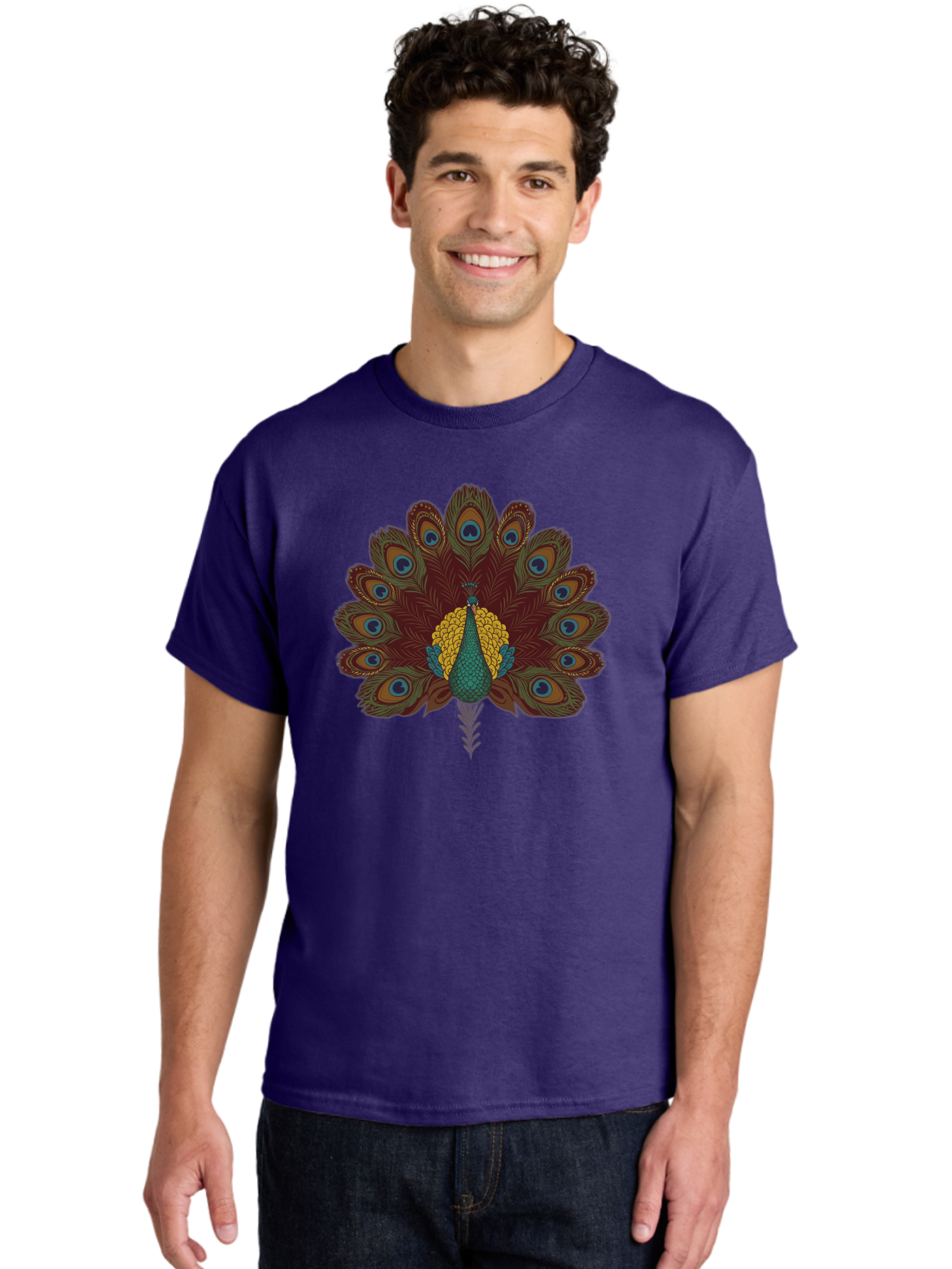 Peacock-Spreading-Tail-Feathers Men'S Graphic Tee, 100% Cotton, Comfortable Casual Summer Wear, Machine Washable, Peacock, Vibrant Plumage, Intricate Details, Mesmerizing Patterns, Ornate Feathers, Regal Bird, Stunning Display, Bab129
