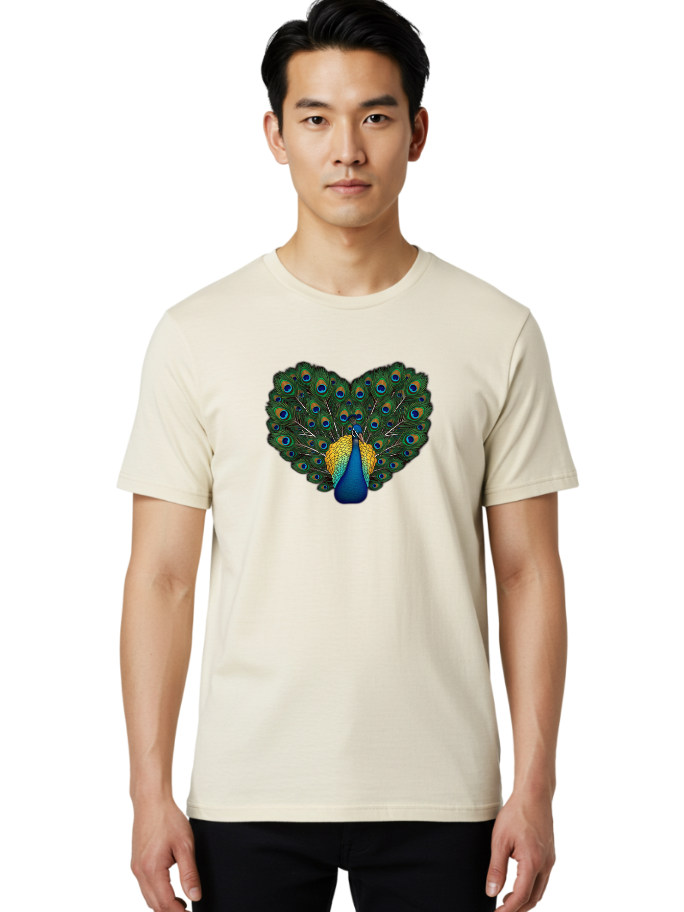 Peacock-Spreads-Tail Men'S Graphic Tee, 100% Cotton, Comfortable Casual Summer Wear, Machine Washable, Peacock Spreads Tail, Vibrant Feathers, Colorful Plumage, Blue And Gold, Eye-Catching Display, Majestic Bird, Ornate Patterns Bab130