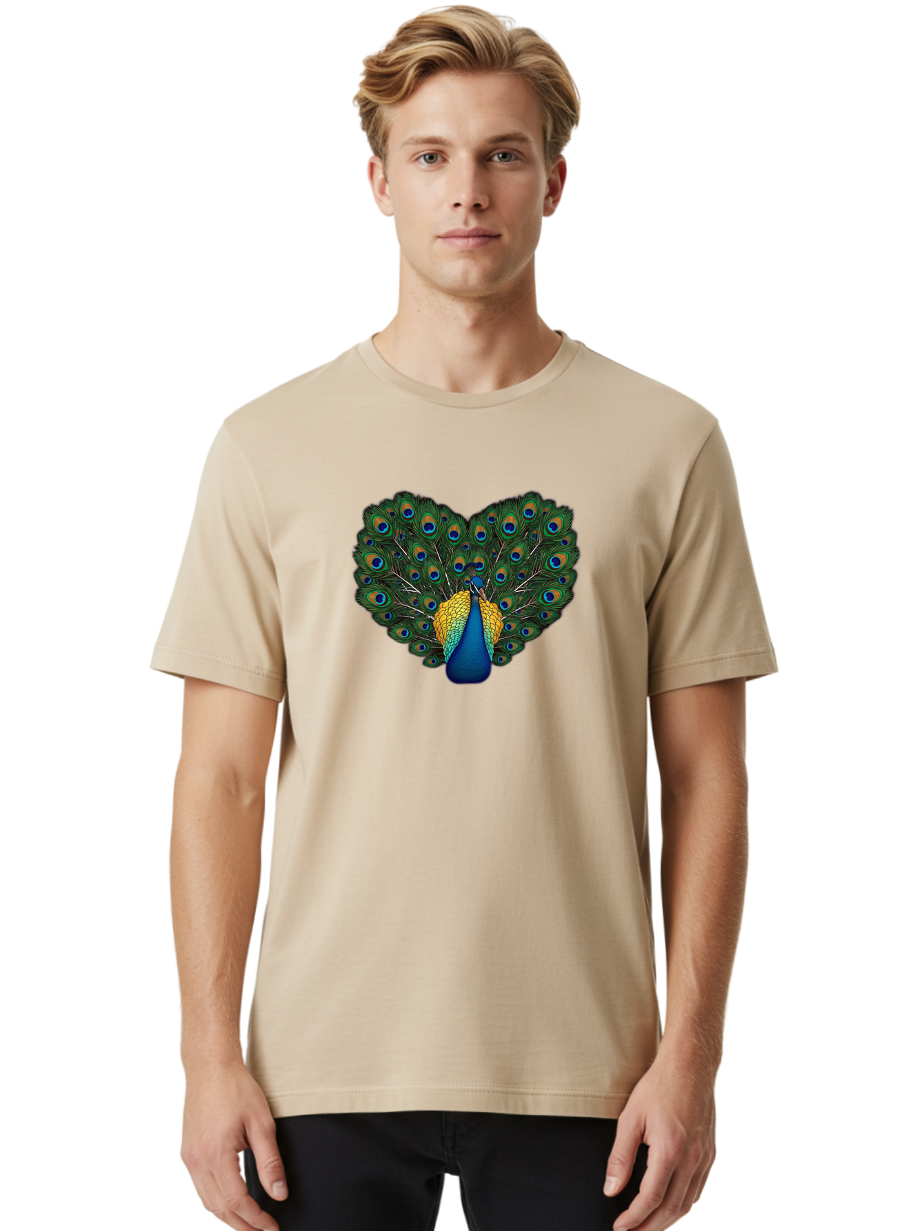 Peacock-Spreads-Tail Men'S Graphic Tee, 100% Cotton, Comfortable Casual Summer Wear, Machine Washable, Peacock Spreads Tail, Vibrant Feathers, Colorful Plumage, Blue And Gold, Eye-Catching Display, Majestic Bird, Ornate Patterns Bab130