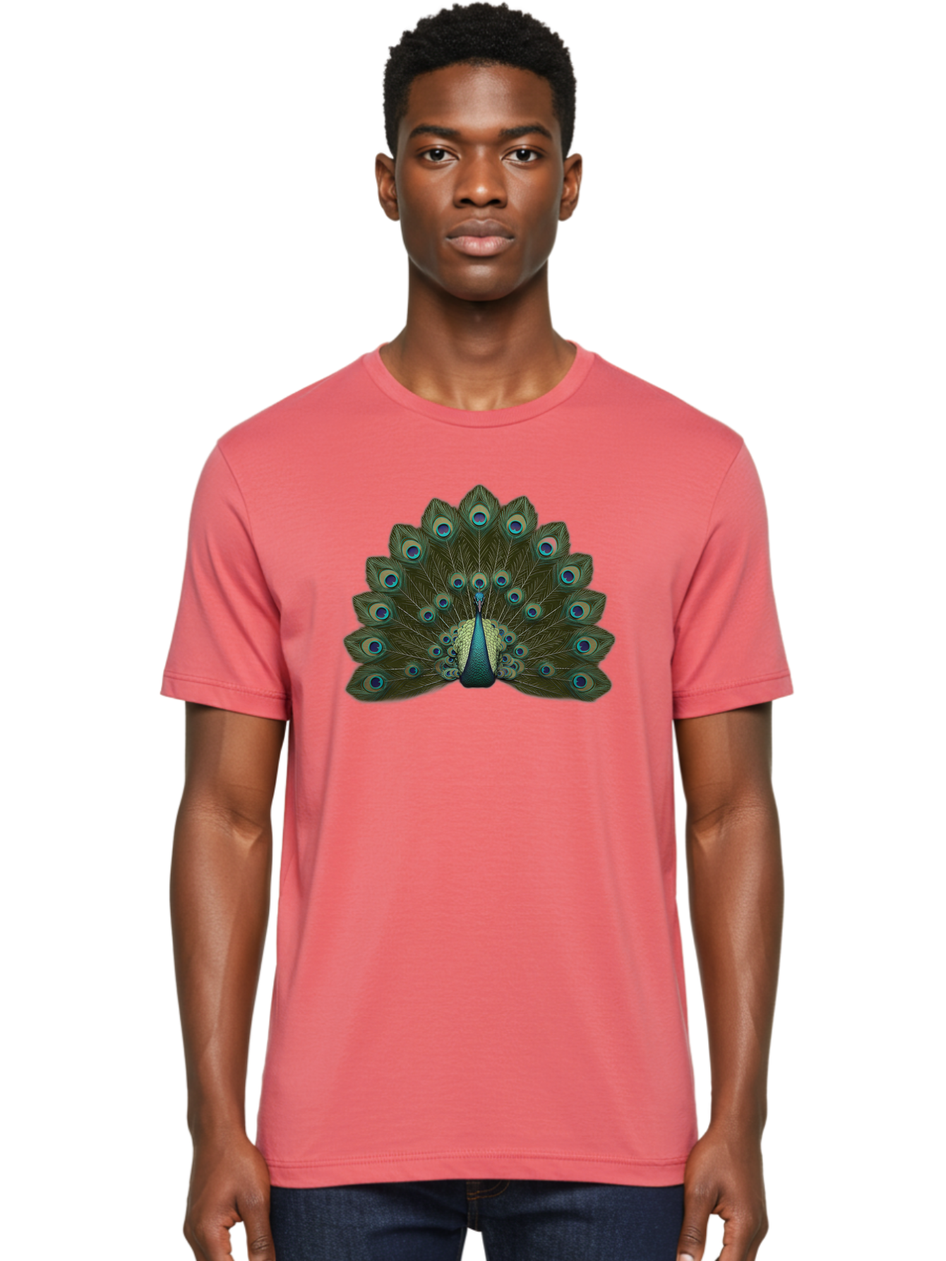 Peacock-Tail-Feathers-1 Men'S Graphic Tee, 100% Cotton, Comfortable Casual Summer Wear, Machine Washable, Peacock Feathers, Vibrant Colors, Blue And Green Hues, Eye-Catching Display, Exotic Bird, Wildlife Photography, Feathered Fan, Bab131