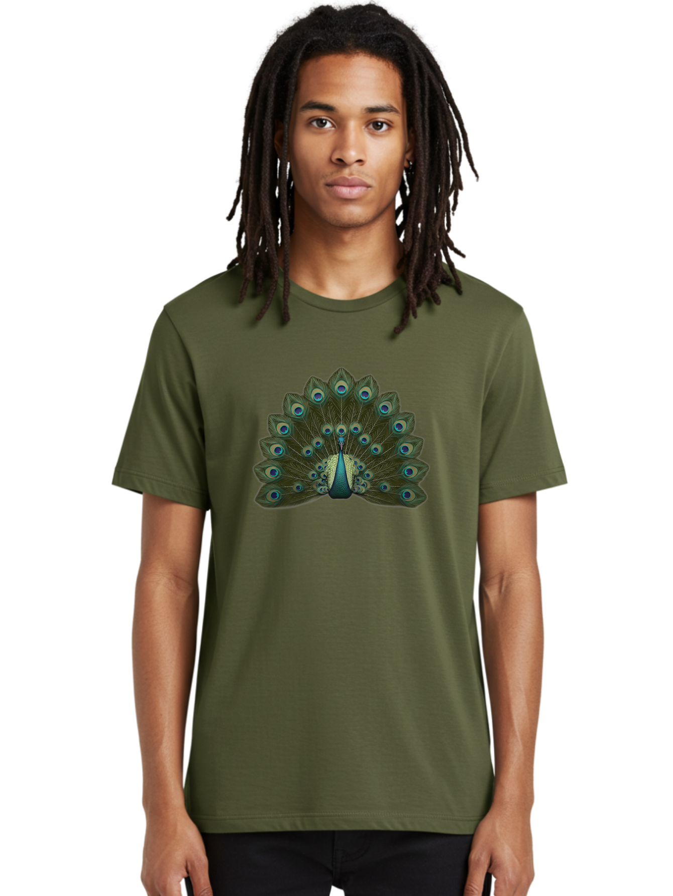 Peacock-Tail-Feathers-1 Men'S Graphic Tee, 100% Cotton, Comfortable Casual Summer Wear, Machine Washable, Peacock Feathers, Vibrant Colors, Blue And Green Hues, Eye-Catching Display, Exotic Bird, Wildlife Photography, Feathered Fan, Bab131