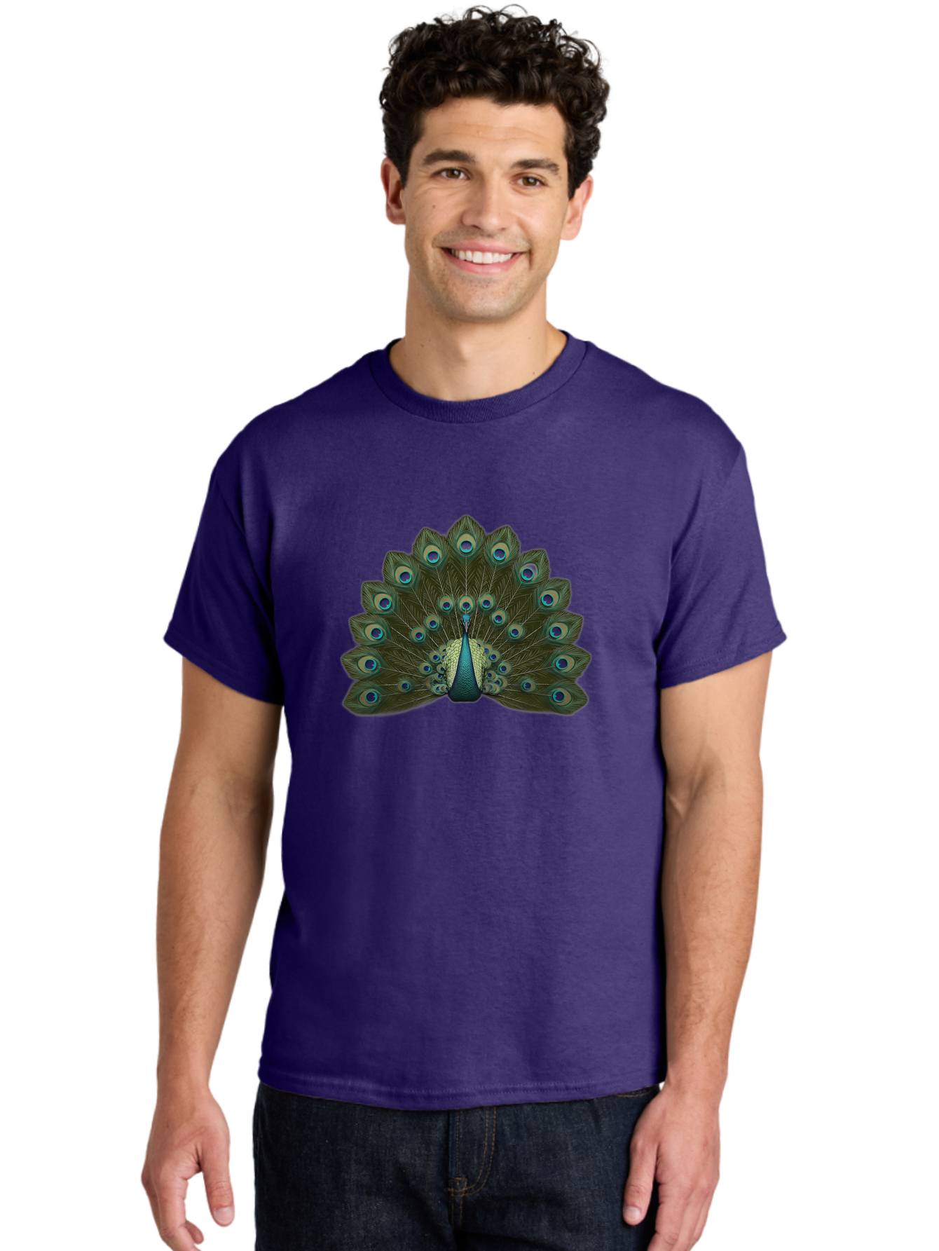 Peacock-Tail-Feathers-1 Men'S Graphic Tee, 100% Cotton, Comfortable Casual Summer Wear, Machine Washable, Peacock Feathers, Vibrant Colors, Blue And Green Hues, Eye-Catching Display, Exotic Bird, Wildlife Photography, Feathered Fan, Bab131