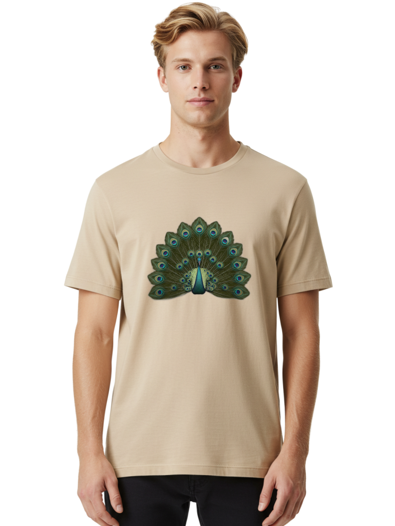 Peacock-Tail-Feathers-1 Men'S Graphic Tee, 100% Cotton, Comfortable Casual Summer Wear, Machine Washable, Peacock Feathers, Vibrant Colors, Blue And Green Hues, Eye-Catching Display, Exotic Bird, Wildlife Photography, Feathered Fan, Bab131