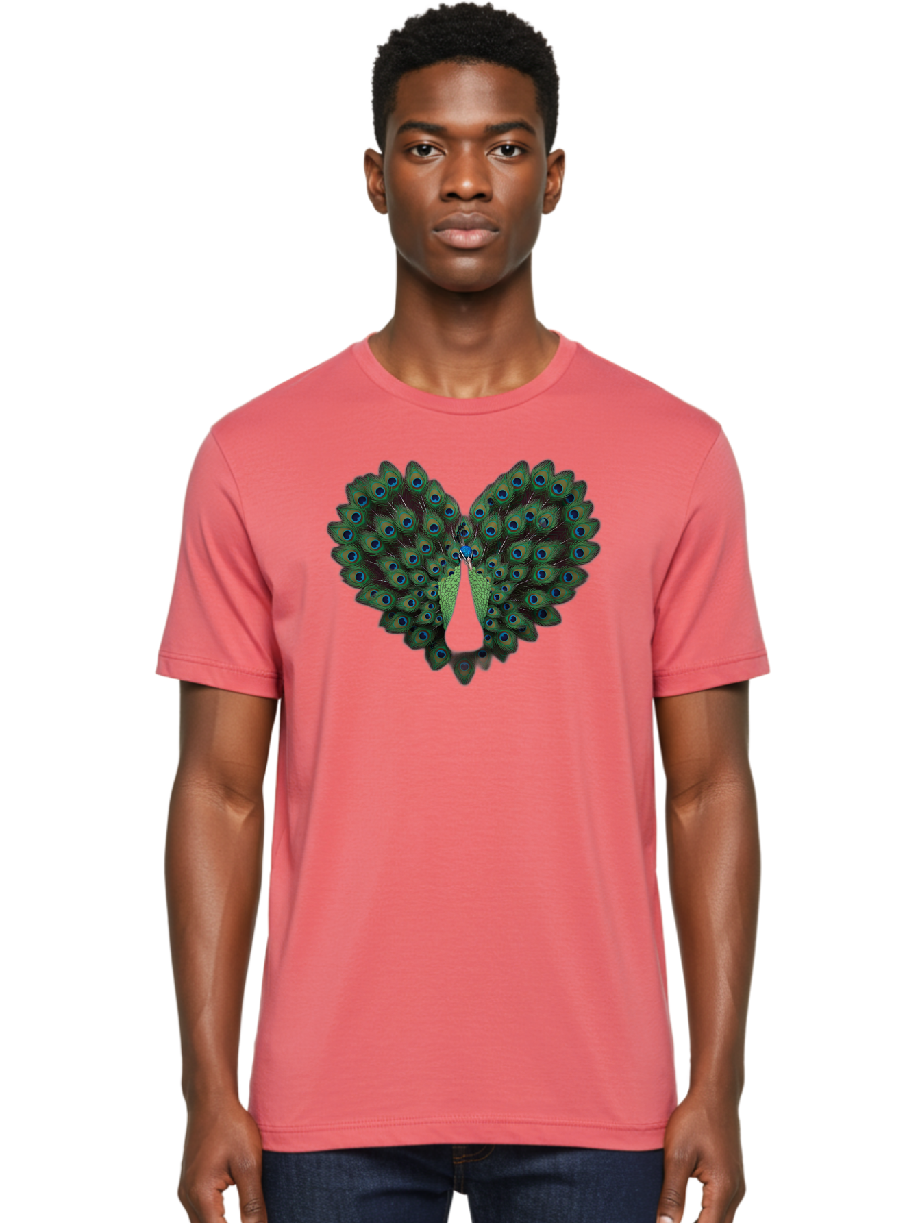 Peacock-Tail-Feathers-2 Men'S Graphic Tee, 100% Cotton, Comfortable Casual Summer Wear, Machine Washable, Peacock Tail Feathers, Vibrant Colors, Blue Eyespots, Green Plumage, Bird Display, Exotic Beauty, Wildlife Photography, Bab132