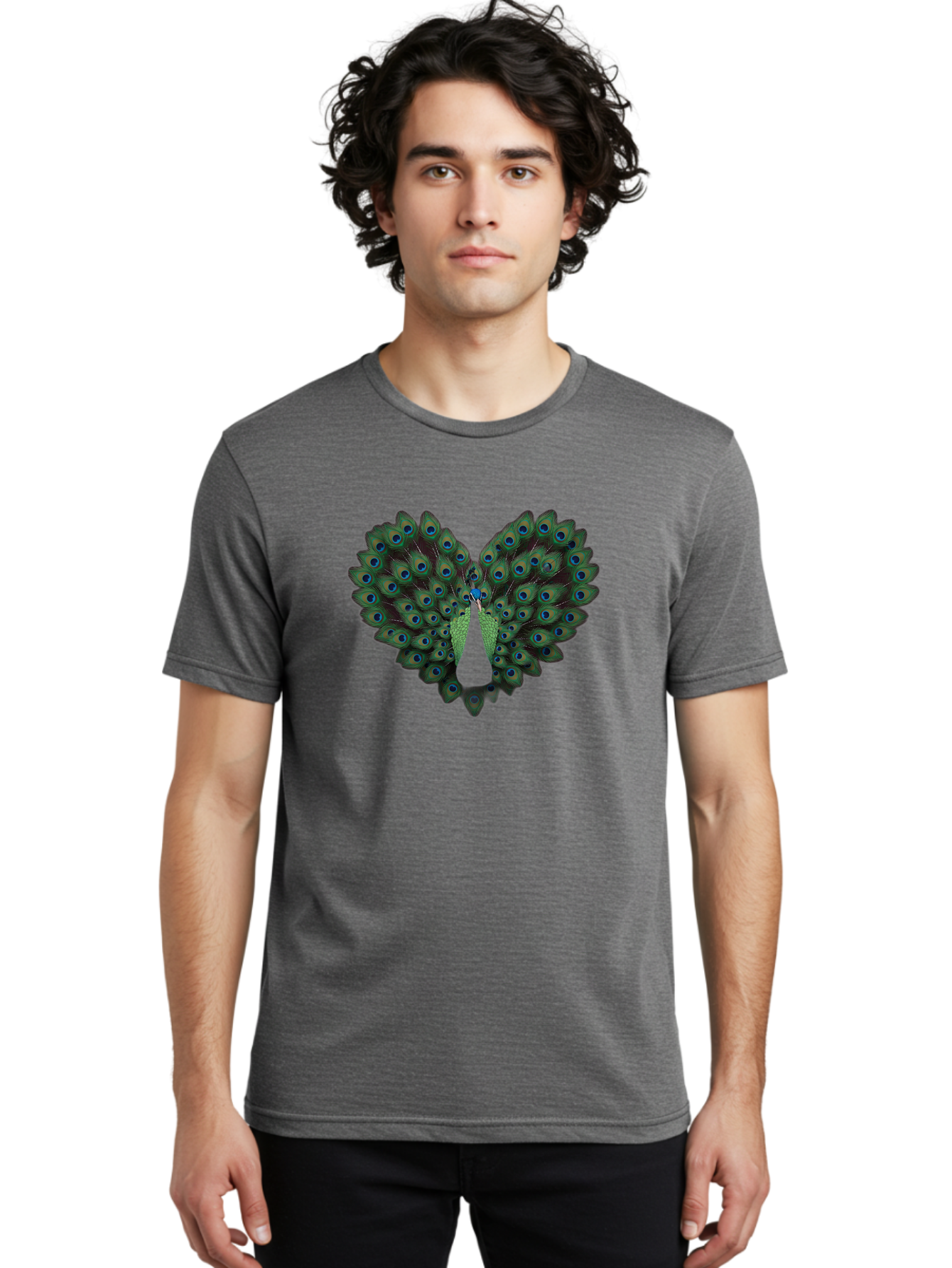 Peacock-Tail-Feathers-2 Men'S Graphic Tee, 100% Cotton, Comfortable Casual Summer Wear, Machine Washable, Peacock Tail Feathers, Vibrant Colors, Blue Eyespots, Green Plumage, Bird Display, Exotic Beauty, Wildlife Photography, Bab132