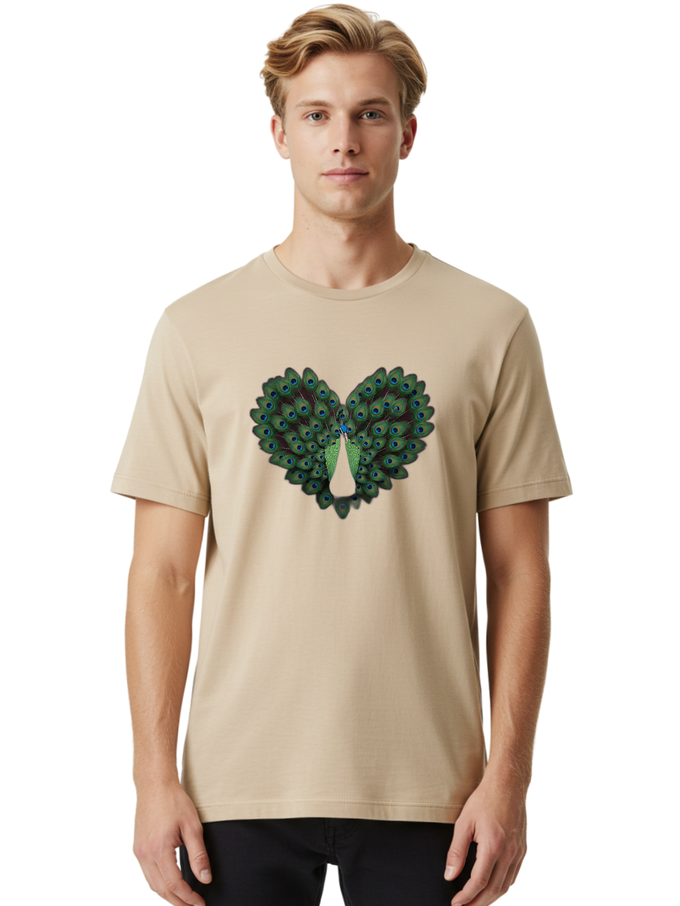 Peacock-Tail-Feathers-2 Men'S Graphic Tee, 100% Cotton, Comfortable Casual Summer Wear, Machine Washable, Peacock Tail Feathers, Vibrant Colors, Blue Eyespots, Green Plumage, Bird Display, Exotic Beauty, Wildlife Photography, Bab132