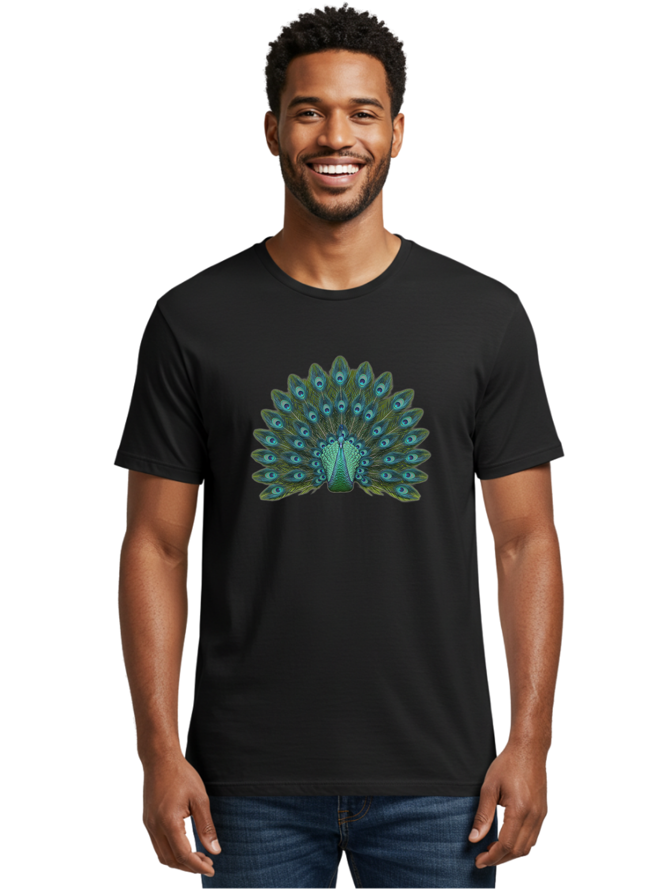 Peacock-Tail-Feathers Men'S Graphic Tee, 100% Cotton, Comfortable Casual Summer Wear, Machine Washable, Peacock Feathers, Blue And Green Plumage, Eye-Catching Display, Vibrant Colors, Intricate Patterns, Majestic Bird, Natural Beauty, Bab133