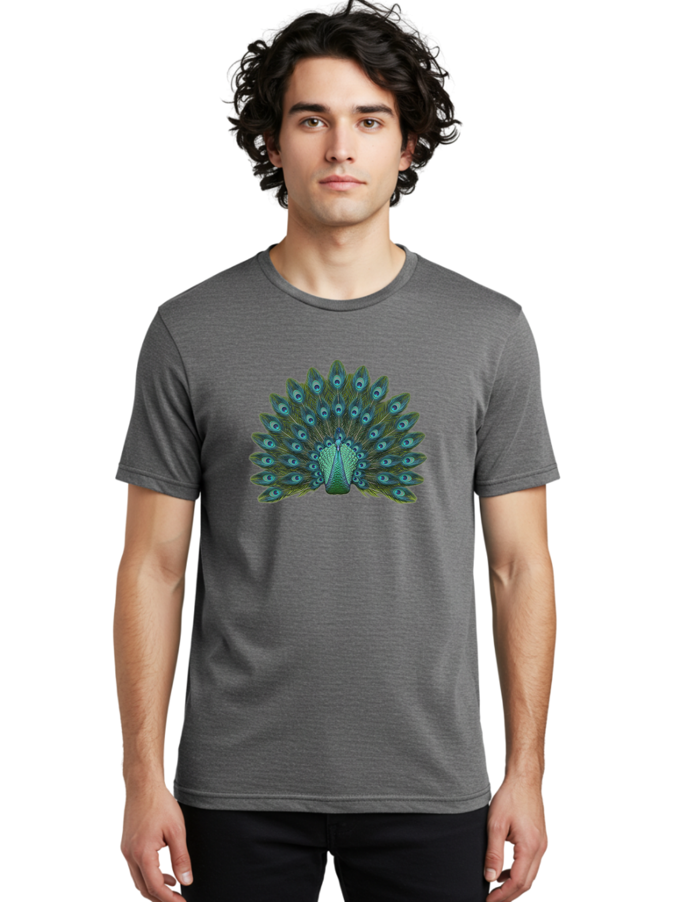 Peacock-Tail-Feathers Men'S Graphic Tee, 100% Cotton, Comfortable Casual Summer Wear, Machine Washable, Peacock Feathers, Blue And Green Plumage, Eye-Catching Display, Vibrant Colors, Intricate Patterns, Majestic Bird, Natural Beauty, Bab133