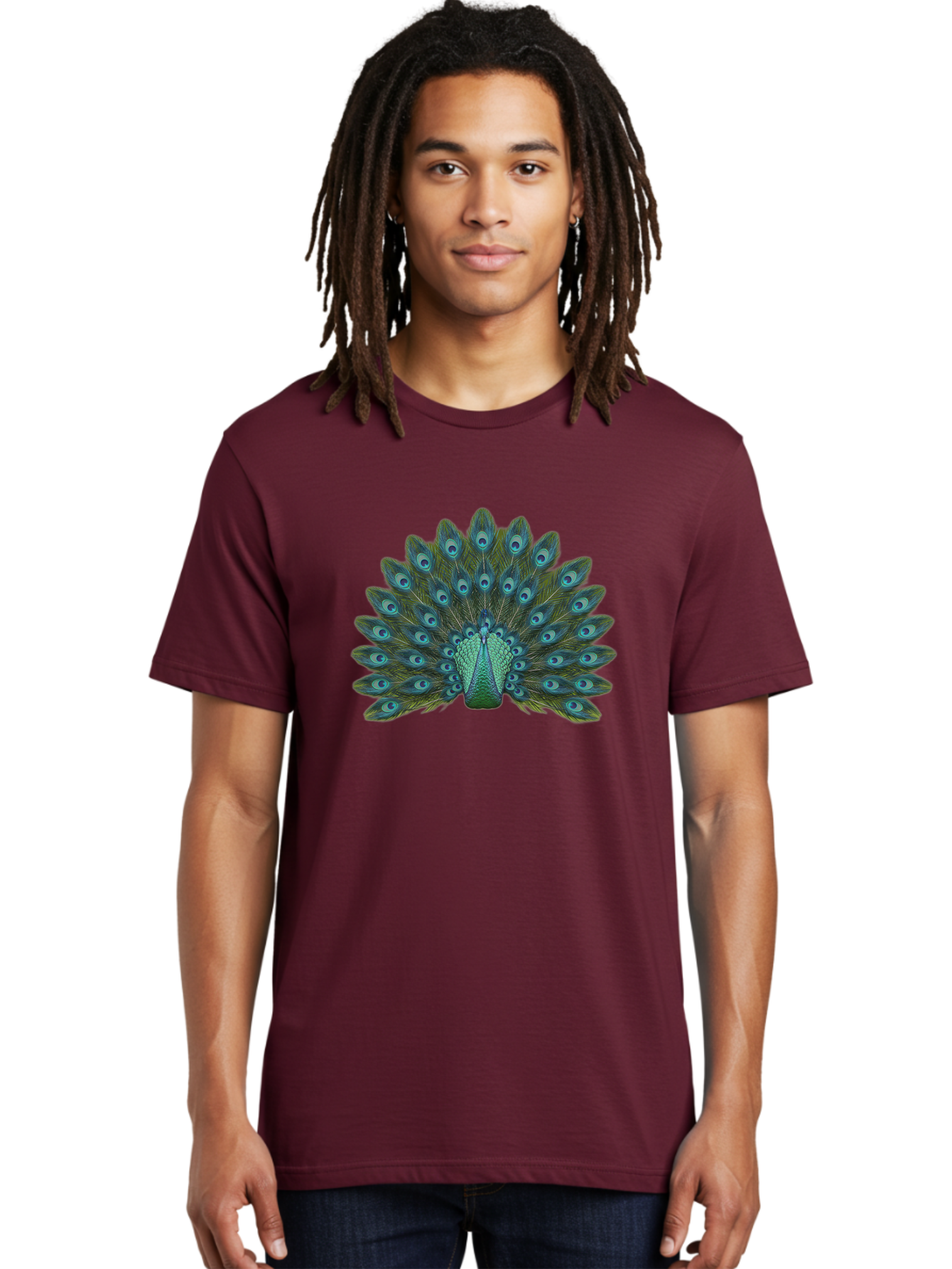 Peacock-Tail-Feathers Men'S Graphic Tee, 100% Cotton, Comfortable Casual Summer Wear, Machine Washable, Peacock Feathers, Blue And Green Plumage, Eye-Catching Display, Vibrant Colors, Intricate Patterns, Majestic Bird, Natural Beauty, Bab133