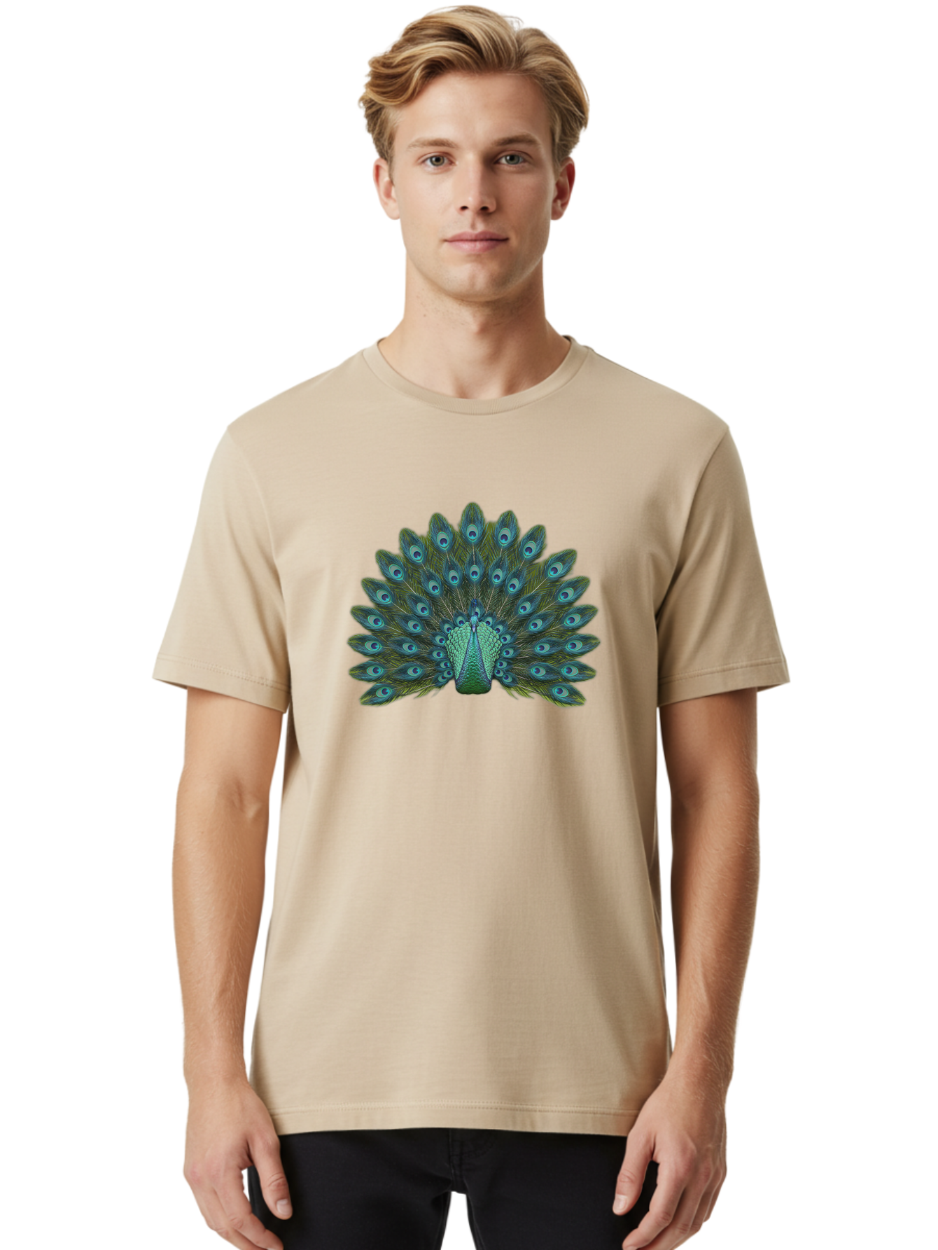 Peacock-Tail-Feathers Men'S Graphic Tee, 100% Cotton, Comfortable Casual Summer Wear, Machine Washable, Peacock Feathers, Blue And Green Plumage, Eye-Catching Display, Vibrant Colors, Intricate Patterns, Majestic Bird, Natural Beauty, Bab133