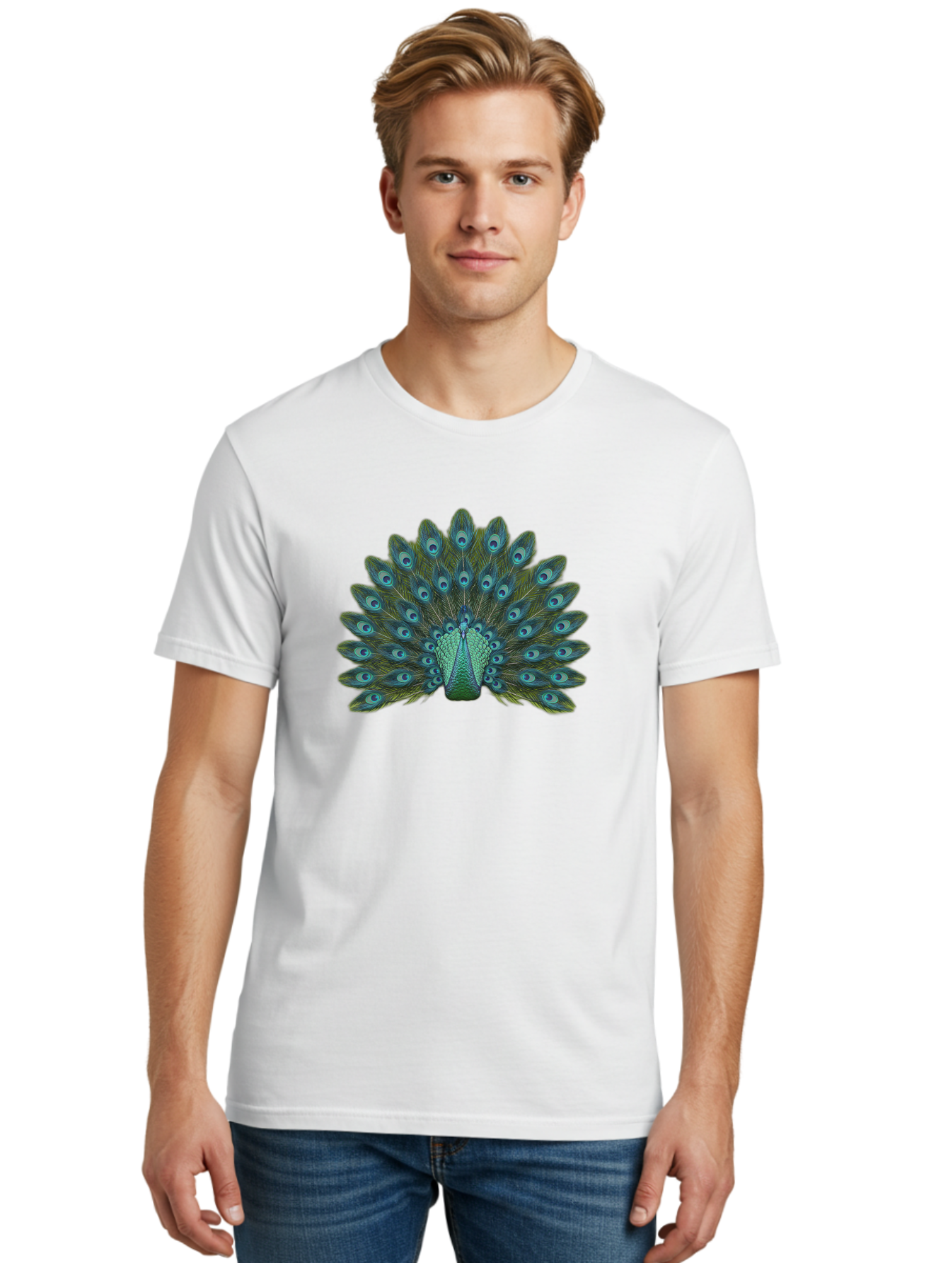 Peacock-Tail-Feathers Men'S Graphic Tee, 100% Cotton, Comfortable Casual Summer Wear, Machine Washable, Peacock Feathers, Blue And Green Plumage, Eye-Catching Display, Vibrant Colors, Intricate Patterns, Majestic Bird, Natural Beauty, Bab133