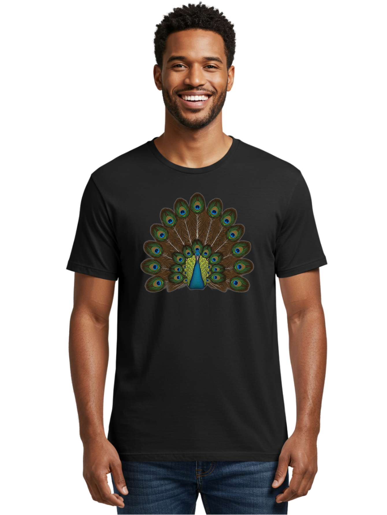 Peacock-Tail Men'S Graphic Tee, 100% Cotton, Comfortable Casual Summer Wear, Machine Washable, Peacock Feathers, Colorful Plumage, Vibrant Blues And Greens, Eye-Catching Display, Intricate Patterns, Majestic Bird, Ornate Decoration, Bab134