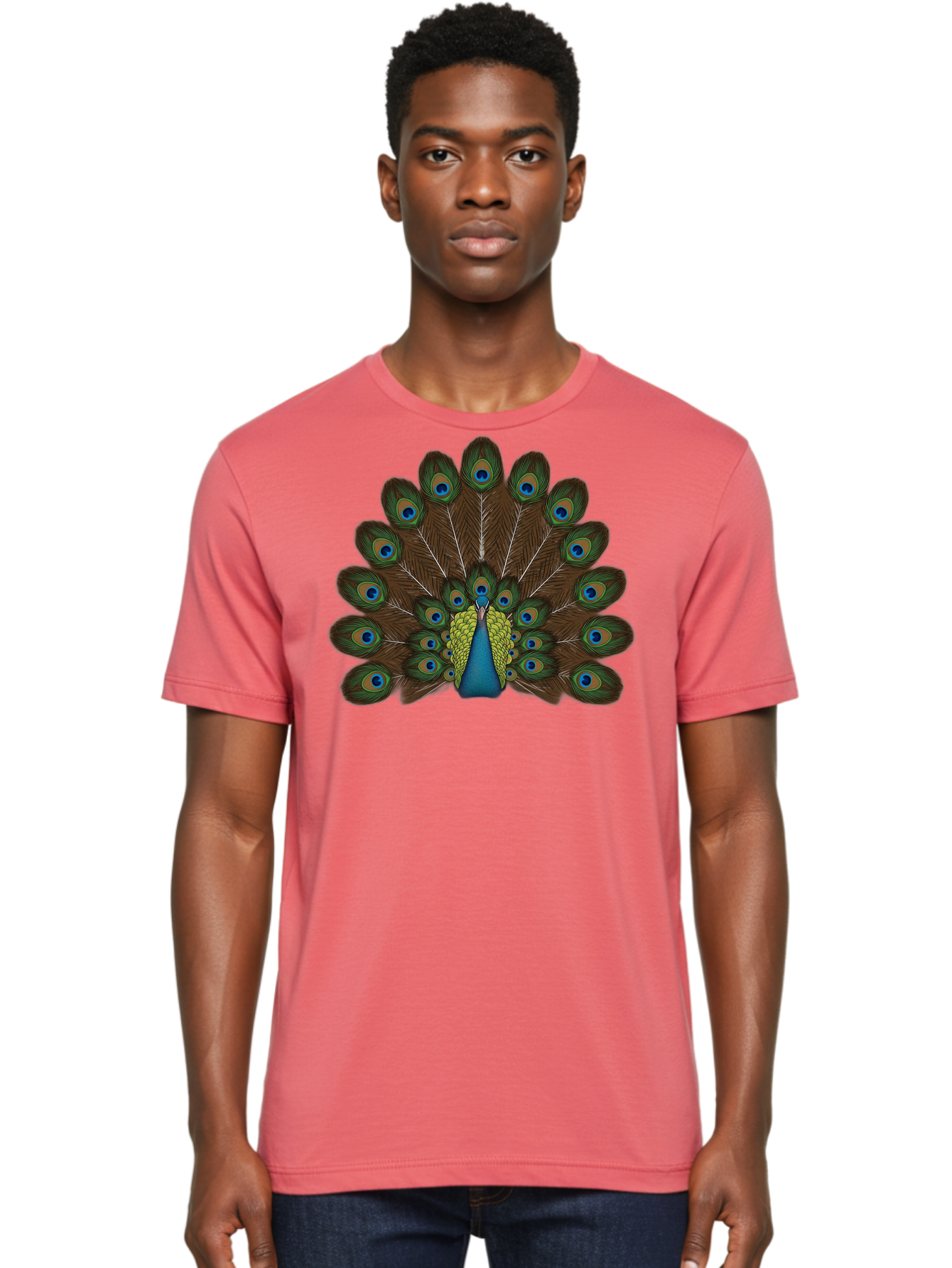 Peacock-Tail Men'S Graphic Tee, 100% Cotton, Comfortable Casual Summer Wear, Machine Washable, Peacock Feathers, Colorful Plumage, Vibrant Blues And Greens, Eye-Catching Display, Intricate Patterns, Majestic Bird, Ornate Decoration, Bab134