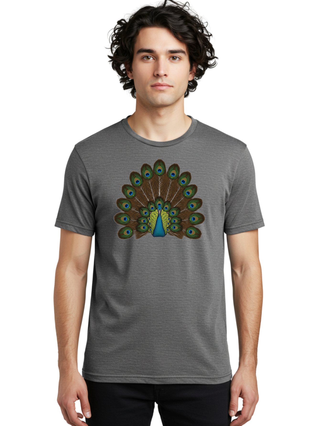 Peacock-Tail Men'S Graphic Tee, 100% Cotton, Comfortable Casual Summer Wear, Machine Washable, Peacock Feathers, Colorful Plumage, Vibrant Blues And Greens, Eye-Catching Display, Intricate Patterns, Majestic Bird, Ornate Decoration, Bab134