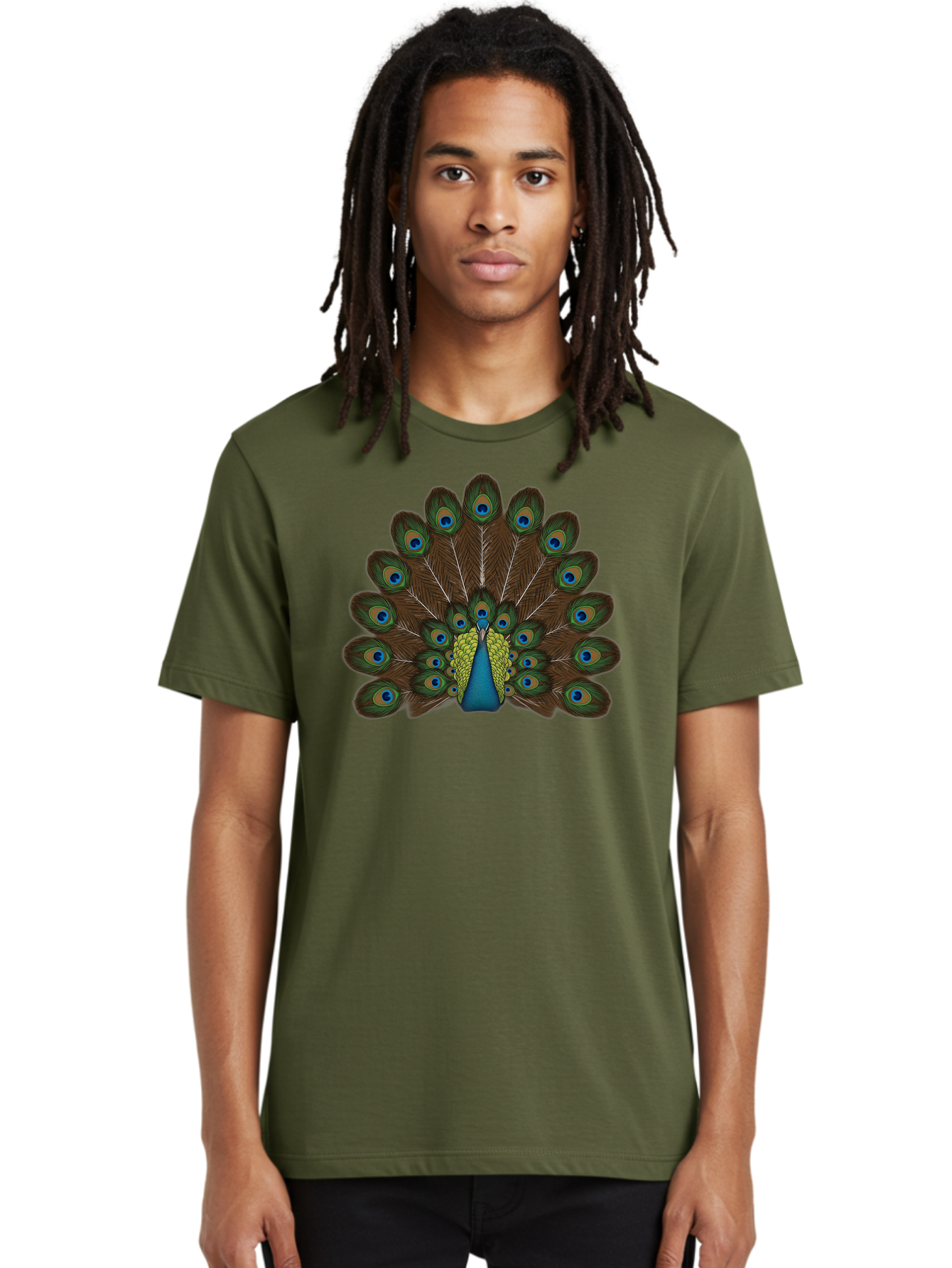 Peacock-Tail Men'S Graphic Tee, 100% Cotton, Comfortable Casual Summer Wear, Machine Washable, Peacock Feathers, Colorful Plumage, Vibrant Blues And Greens, Eye-Catching Display, Intricate Patterns, Majestic Bird, Ornate Decoration, Bab134