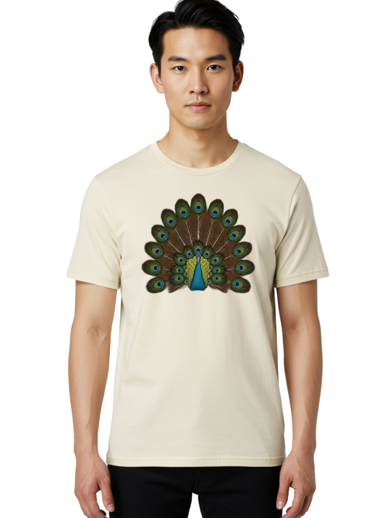 Peacock-Tail Men'S Graphic Tee, 100% Cotton, Comfortable Casual Summer Wear, Machine Washable, Peacock Feathers, Colorful Plumage, Vibrant Blues And Greens, Eye-Catching Display, Intricate Patterns, Majestic Bird, Ornate Decoration, Bab134