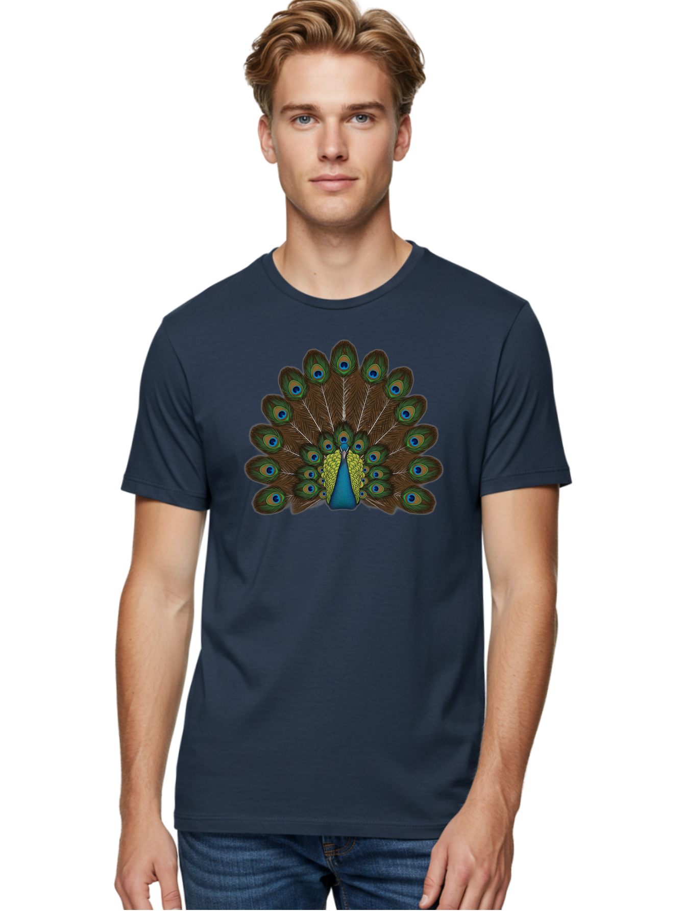 Peacock-Tail Men'S Graphic Tee, 100% Cotton, Comfortable Casual Summer Wear, Machine Washable, Peacock Feathers, Colorful Plumage, Vibrant Blues And Greens, Eye-Catching Display, Intricate Patterns, Majestic Bird, Ornate Decoration, Bab134