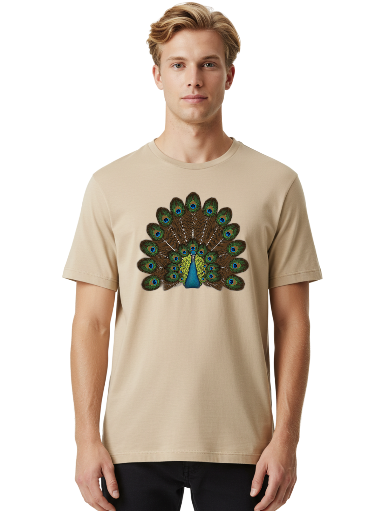 Peacock-Tail Men'S Graphic Tee, 100% Cotton, Comfortable Casual Summer Wear, Machine Washable, Peacock Feathers, Colorful Plumage, Vibrant Blues And Greens, Eye-Catching Display, Intricate Patterns, Majestic Bird, Ornate Decoration, Bab134