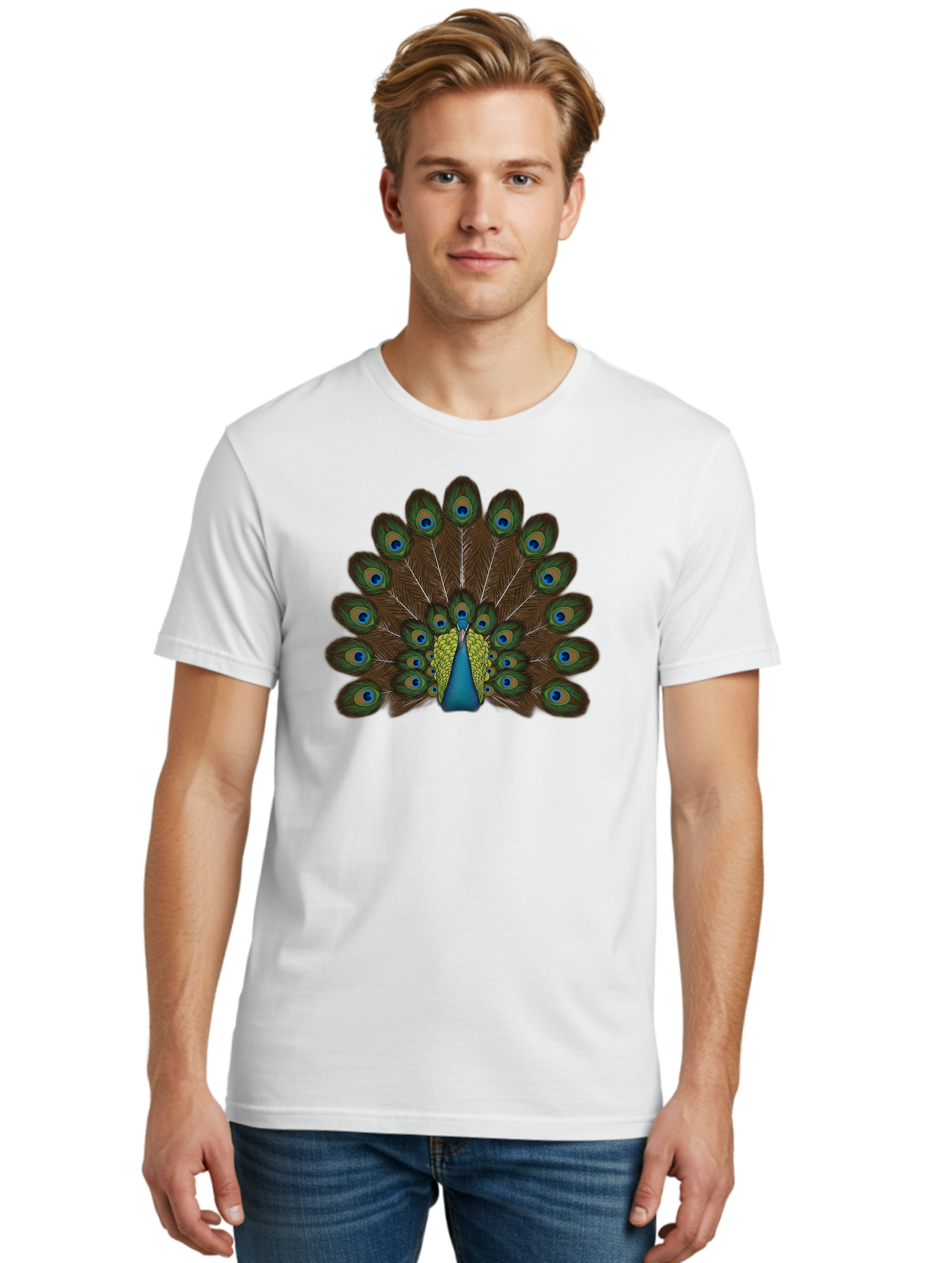 Peacock-Tail Men'S Graphic Tee, 100% Cotton, Comfortable Casual Summer Wear, Machine Washable, Peacock Feathers, Colorful Plumage, Vibrant Blues And Greens, Eye-Catching Display, Intricate Patterns, Majestic Bird, Ornate Decoration, Bab134