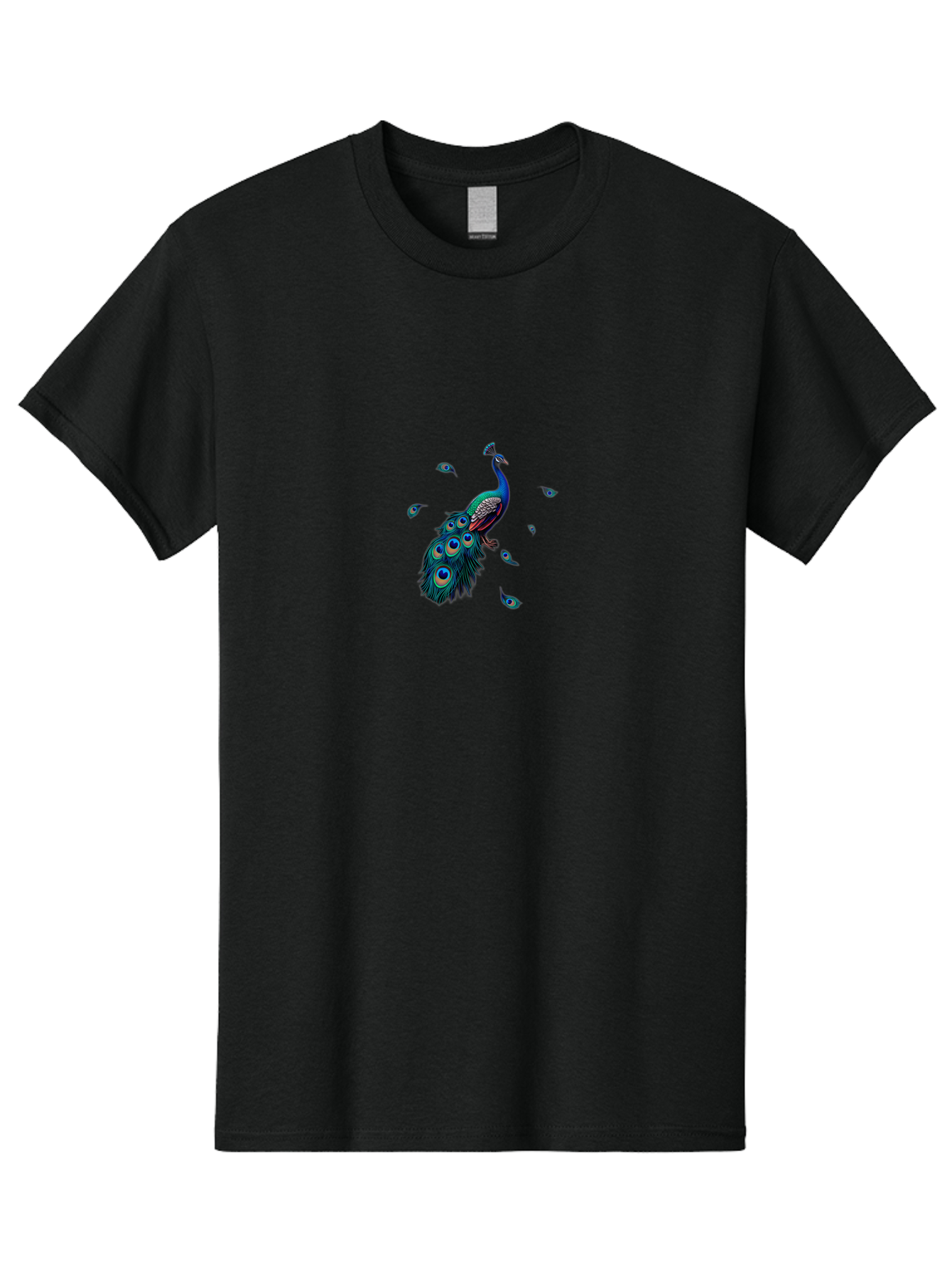 Peacock-With-Falling-Feathers Men'S Graphic Tee, 100% Cotton, Comfortable Casual Summer Wear, Machine Washable, Peacock, Blue Feathers, Vibrant Plumage, Colorful Bird, Majestic Creature, Eye-Catching Display, Blue And Black Feathers, Bab135