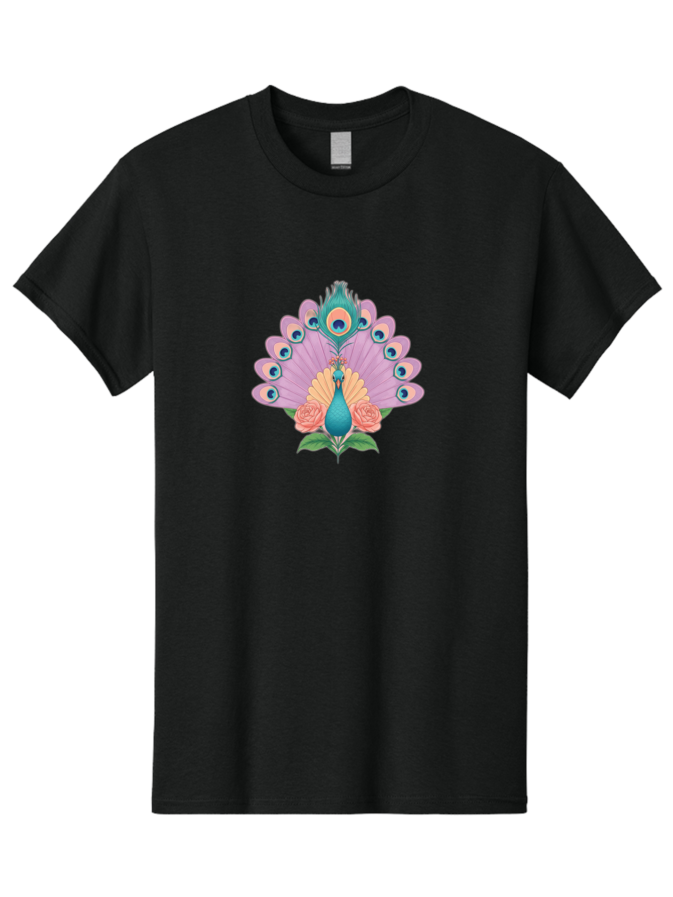 Peacock-With-Roses Men'S Graphic Tee, 100% Cotton, Comfortable Casual Summer Wear, Machine Washable, Peacock With Colorful Feathers, Vibrant Plumage, Blue And Pink Hues, Floral Accents, Pink Roses, Exotic Bird, Artistic Design, Bab136