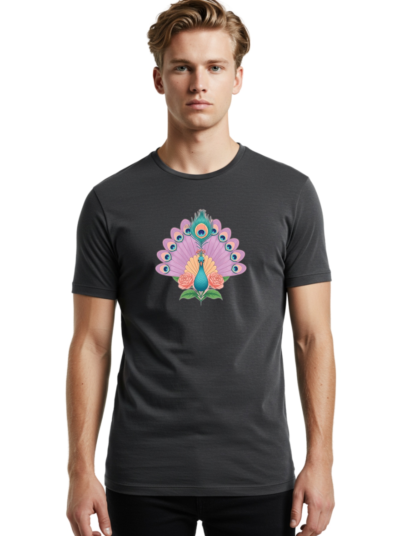 Peacock-With-Roses Men'S Graphic Tee, 100% Cotton, Comfortable Casual Summer Wear, Machine Washable, Peacock With Colorful Feathers, Vibrant Plumage, Blue And Pink Hues, Floral Accents, Pink Roses, Exotic Bird, Artistic Design, Bab136