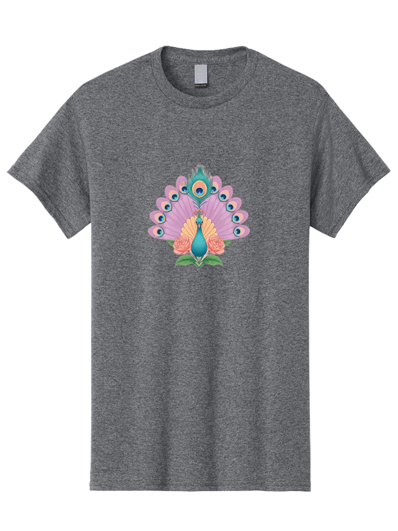 Peacock-With-Roses Men'S Graphic Tee, 100% Cotton, Comfortable Casual Summer Wear, Machine Washable, Peacock With Colorful Feathers, Vibrant Plumage, Blue And Pink Hues, Floral Accents, Pink Roses, Exotic Bird, Artistic Design, Bab136