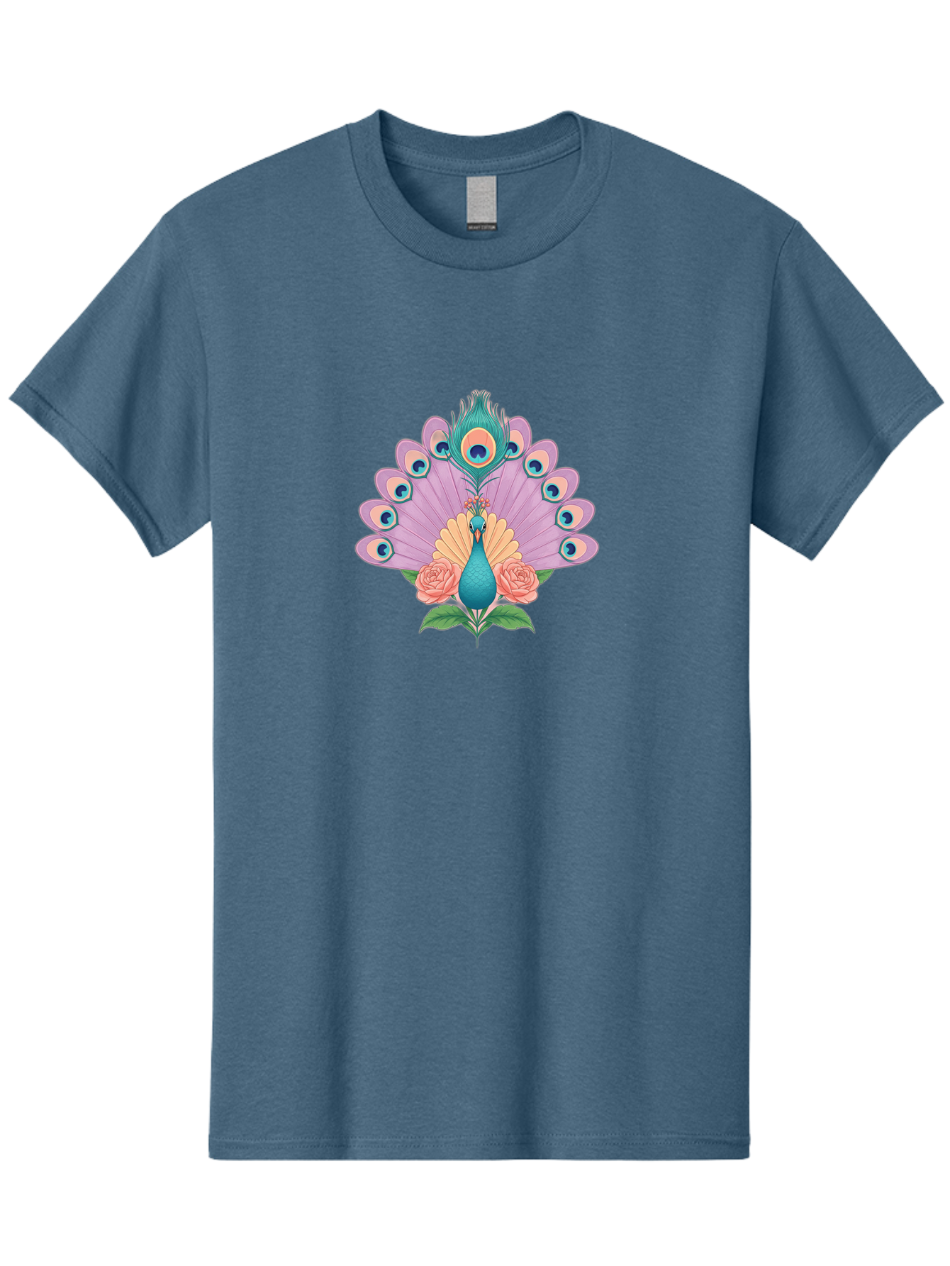 Peacock-With-Roses Men'S Graphic Tee, 100% Cotton, Comfortable Casual Summer Wear, Machine Washable, Peacock With Colorful Feathers, Vibrant Plumage, Blue And Pink Hues, Floral Accents, Pink Roses, Exotic Bird, Artistic Design, Bab136