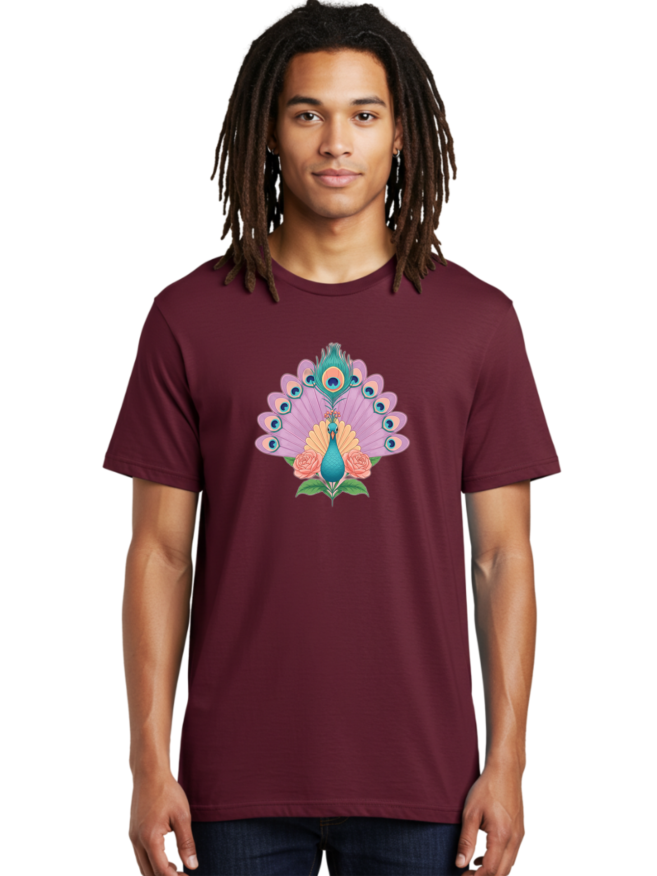 Peacock-With-Roses Men'S Graphic Tee, 100% Cotton, Comfortable Casual Summer Wear, Machine Washable, Peacock With Colorful Feathers, Vibrant Plumage, Blue And Pink Hues, Floral Accents, Pink Roses, Exotic Bird, Artistic Design, Bab136