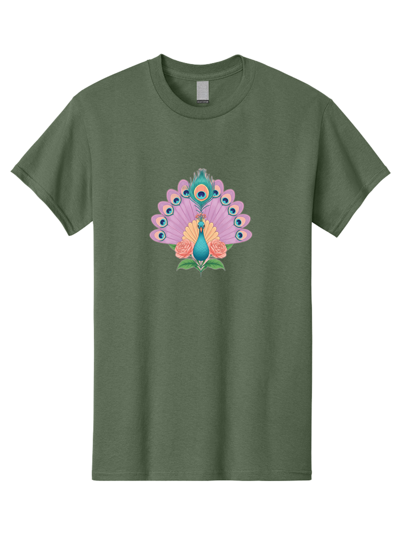 Peacock-With-Roses Men'S Graphic Tee, 100% Cotton, Comfortable Casual Summer Wear, Machine Washable, Peacock With Colorful Feathers, Vibrant Plumage, Blue And Pink Hues, Floral Accents, Pink Roses, Exotic Bird, Artistic Design, Bab136