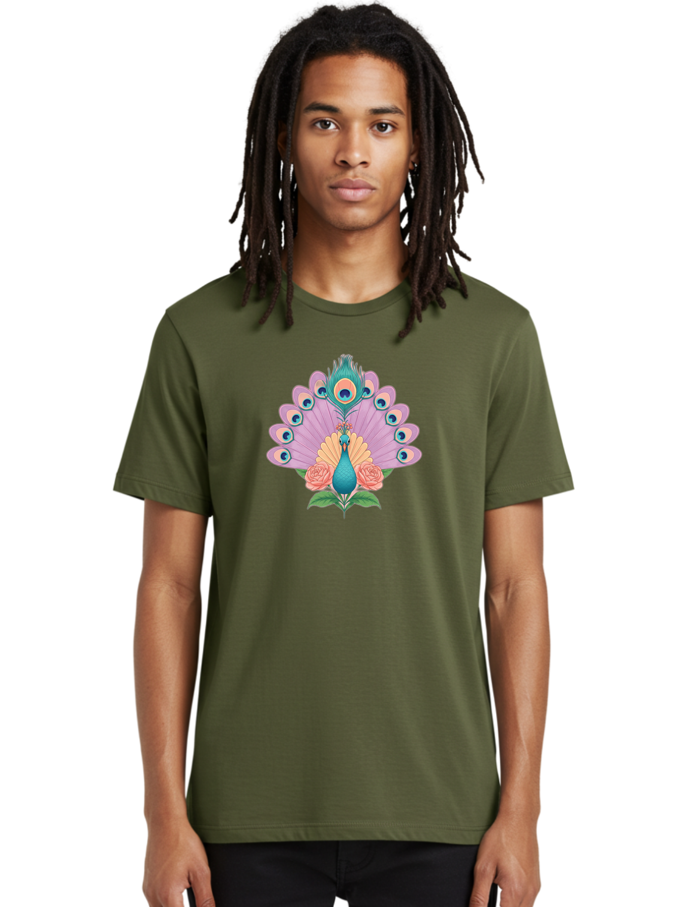 Peacock-With-Roses Men'S Graphic Tee, 100% Cotton, Comfortable Casual Summer Wear, Machine Washable, Peacock With Colorful Feathers, Vibrant Plumage, Blue And Pink Hues, Floral Accents, Pink Roses, Exotic Bird, Artistic Design, Bab136