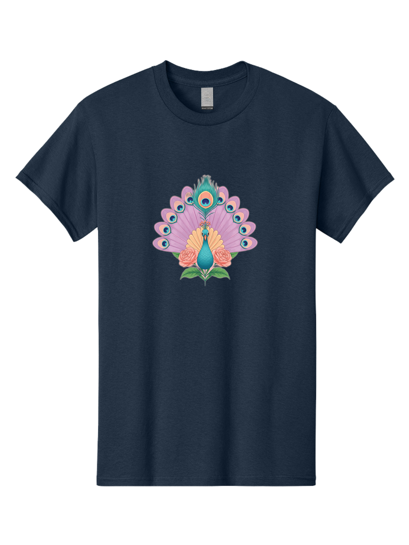Peacock-With-Roses Men'S Graphic Tee, 100% Cotton, Comfortable Casual Summer Wear, Machine Washable, Peacock With Colorful Feathers, Vibrant Plumage, Blue And Pink Hues, Floral Accents, Pink Roses, Exotic Bird, Artistic Design, Bab136