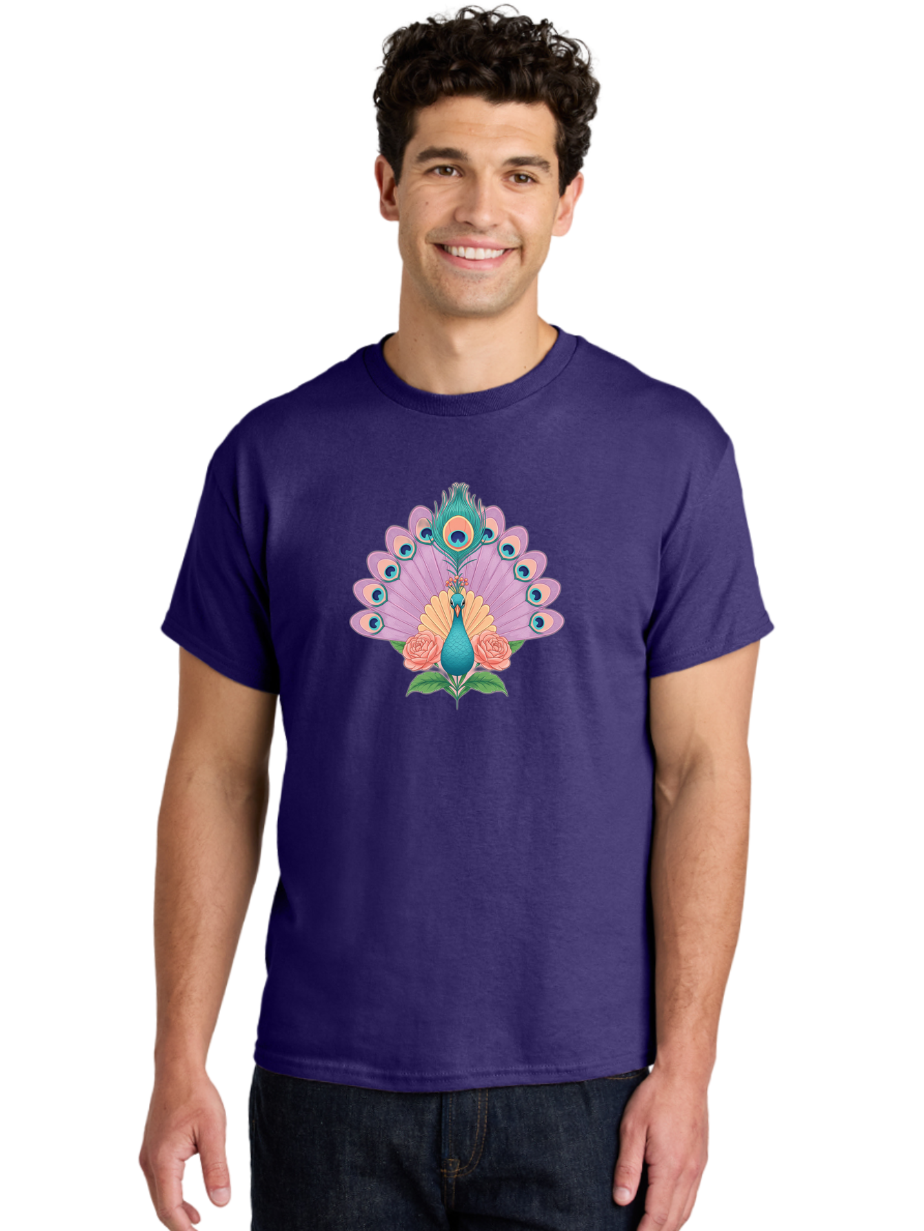 Peacock-With-Roses Men'S Graphic Tee, 100% Cotton, Comfortable Casual Summer Wear, Machine Washable, Peacock With Colorful Feathers, Vibrant Plumage, Blue And Pink Hues, Floral Accents, Pink Roses, Exotic Bird, Artistic Design, Bab136