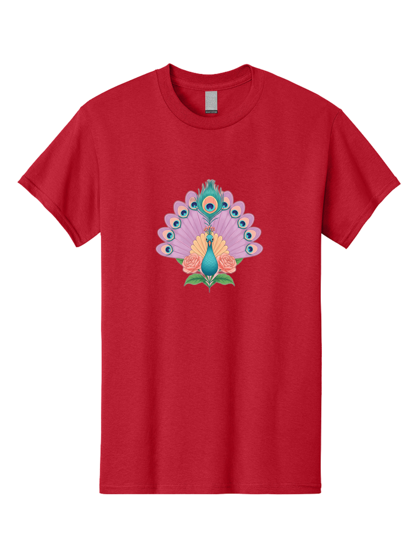 Peacock-With-Roses Men'S Graphic Tee, 100% Cotton, Comfortable Casual Summer Wear, Machine Washable, Peacock With Colorful Feathers, Vibrant Plumage, Blue And Pink Hues, Floral Accents, Pink Roses, Exotic Bird, Artistic Design, Bab136