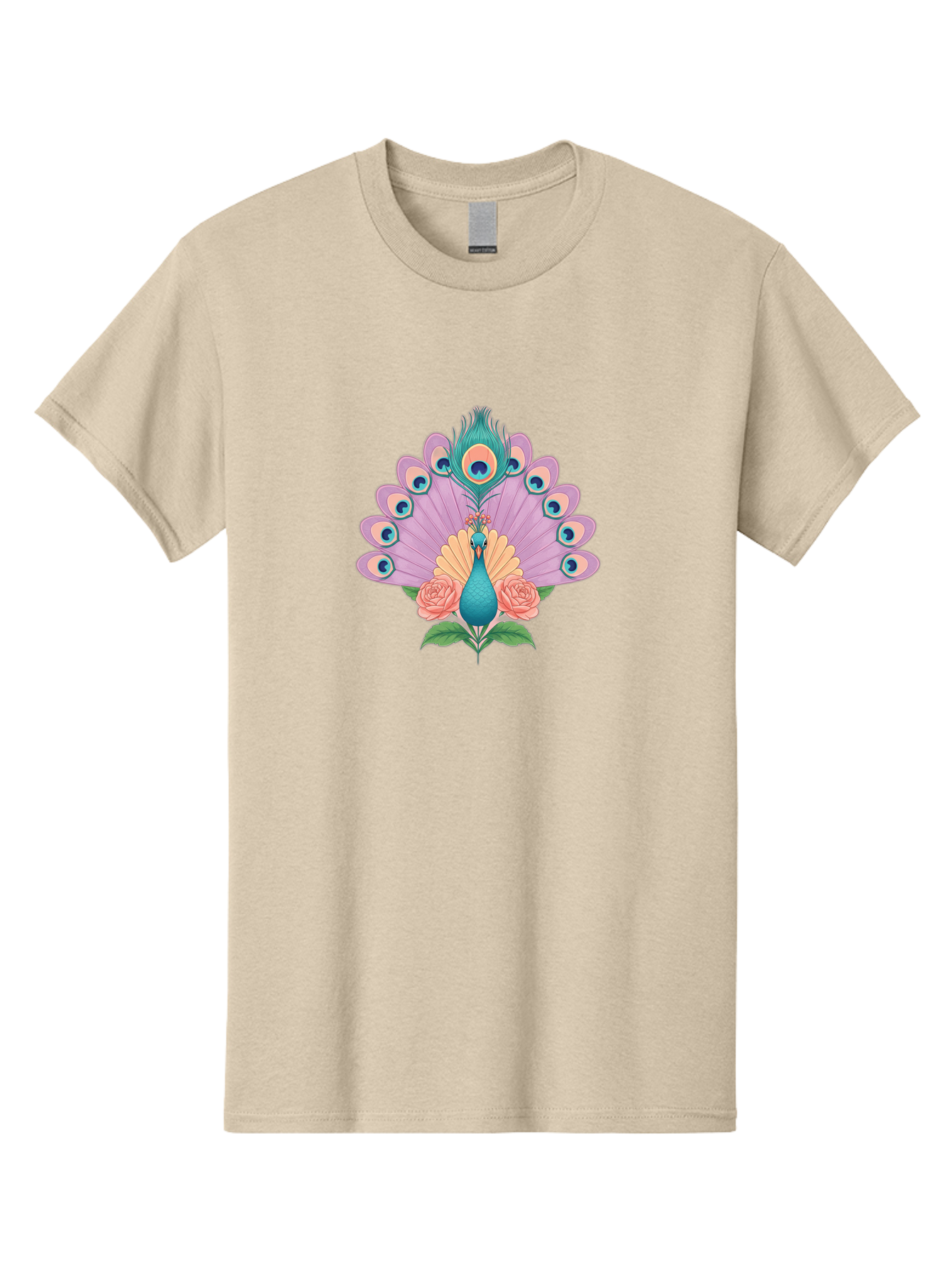 Peacock-With-Roses Men'S Graphic Tee, 100% Cotton, Comfortable Casual Summer Wear, Machine Washable, Peacock With Colorful Feathers, Vibrant Plumage, Blue And Pink Hues, Floral Accents, Pink Roses, Exotic Bird, Artistic Design, Bab136
