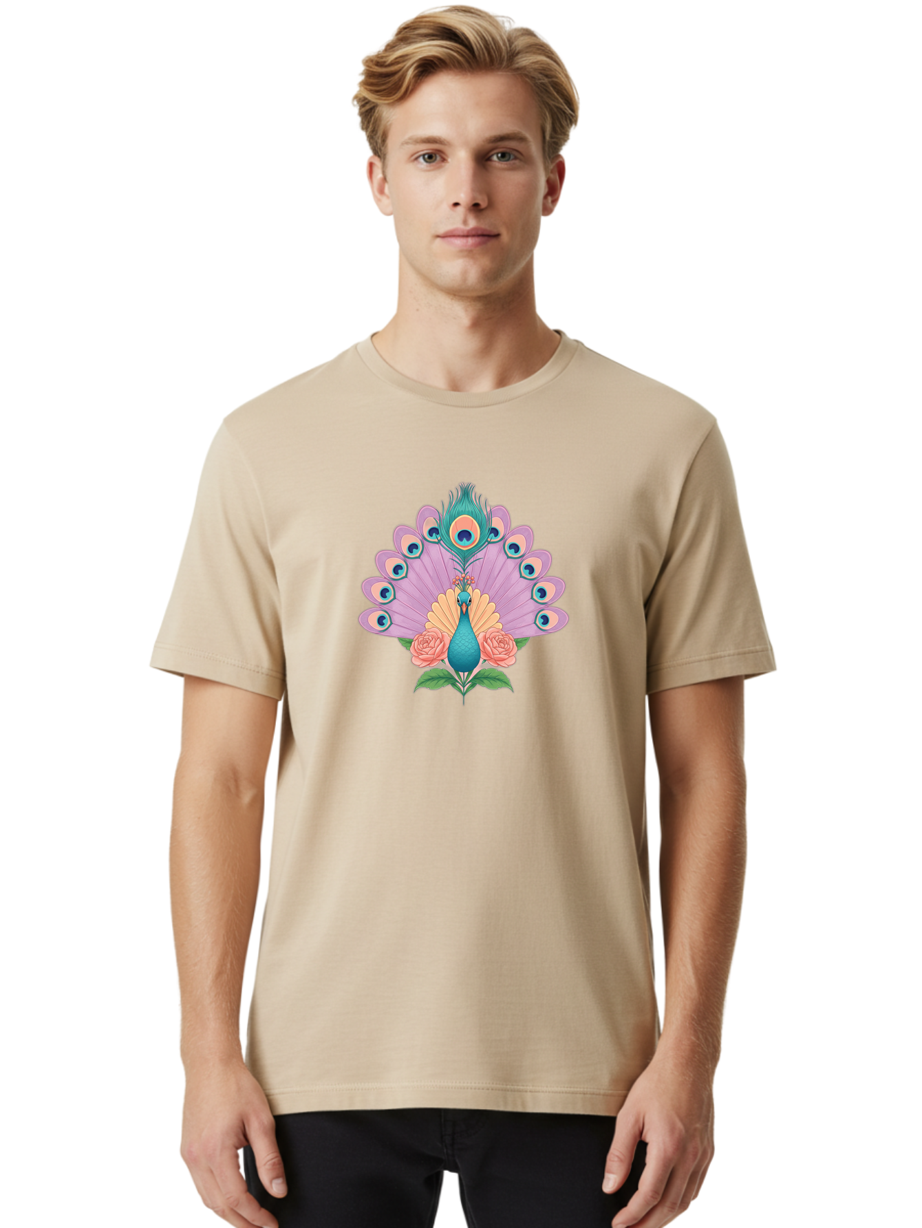 Peacock-With-Roses Men'S Graphic Tee, 100% Cotton, Comfortable Casual Summer Wear, Machine Washable, Peacock With Colorful Feathers, Vibrant Plumage, Blue And Pink Hues, Floral Accents, Pink Roses, Exotic Bird, Artistic Design, Bab136