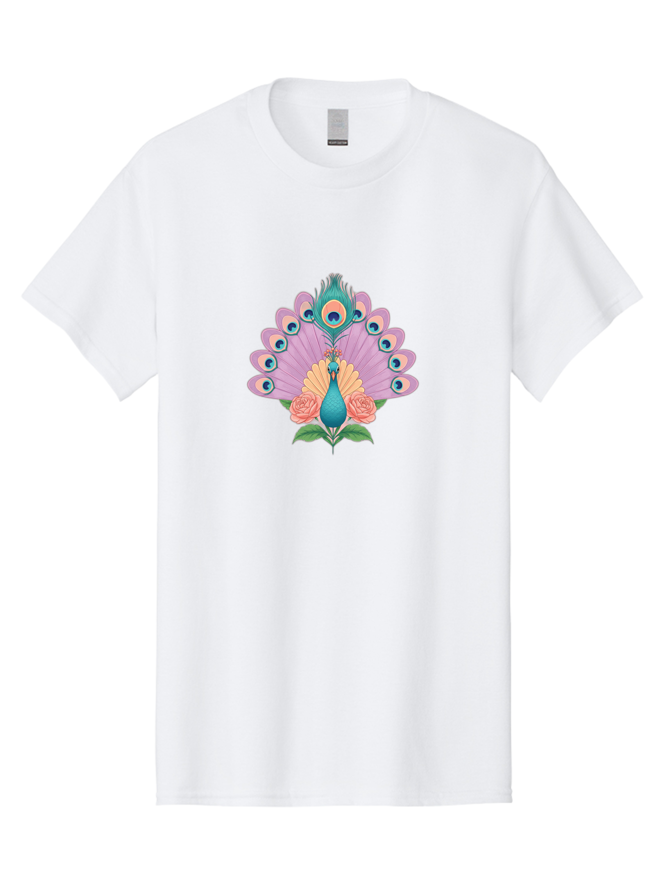Peacock-With-Roses Men'S Graphic Tee, 100% Cotton, Comfortable Casual Summer Wear, Machine Washable, Peacock With Colorful Feathers, Vibrant Plumage, Blue And Pink Hues, Floral Accents, Pink Roses, Exotic Bird, Artistic Design, Bab136