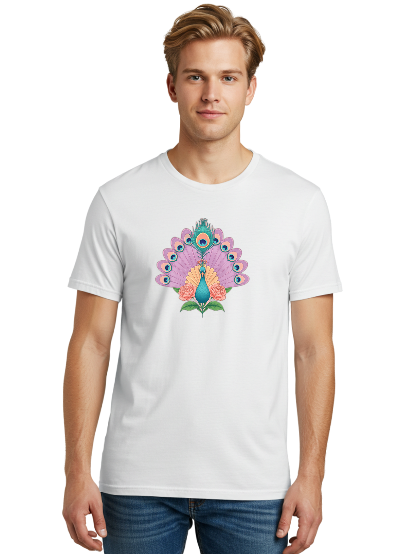 Peacock-With-Roses Men'S Graphic Tee, 100% Cotton, Comfortable Casual Summer Wear, Machine Washable, Peacock With Colorful Feathers, Vibrant Plumage, Blue And Pink Hues, Floral Accents, Pink Roses, Exotic Bird, Artistic Design, Bab136